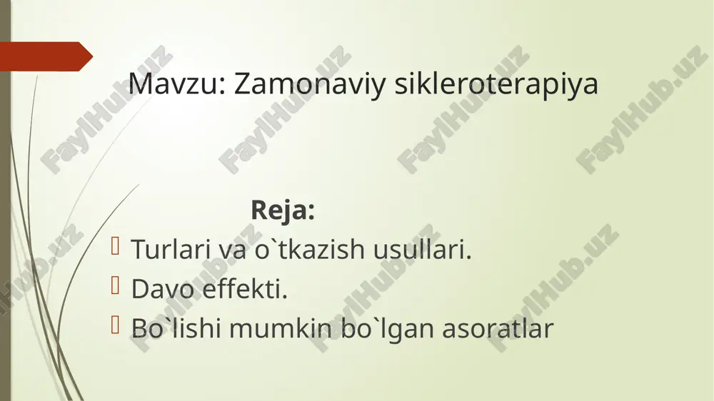 20 daqiqa davomida yurish kerak davo effekti: tiklanish davri juda qisqa. dastlab, operatsiyadan soʻng, (1 -3 oy) siqib turuvchi paypoq kiyish kerak, ammo sklerozdan keyin bir necha kun oʻtgach, bemor ochiq libos kiyish imkoniga ega boʻladi. sklerozdan soʻng shifokorlarning asosiy tavsiyasi kunlik soatlik yurishlar majburiy, shuningdek, harakatchanlikka cheklovlar yoki aksincha, ortiqcha jismoniy faollikka. bundan tashqari, tashrif buyuradigan vannalar va saunalarni 1 -2 oyga qoldiring. . skleroterapiya koʻpincha varikoz venalarining kosmetik nuqsonini uzoq muddatga toʻgʻrilaydi. skleroterapiya toʻliq bajarilmasa ham, kasallik belgilari sezilarli darajada kamayadi. baʼzida skleroterapiya bir necha seansni tashkil qiladi. bo`lishi mumkin bo`lgan asoratlar: baʼzi bemorlarda oʻrtacha 3 oy ichida oʻz-oʻzini yoʻq qiladigan varikoz venalarining toʻrlari paydo boʻlishi mumkin. bundan tashqari, sklerotizatsiyalangan venada (bemorlarning taxminan 5 foizida) pigmentatsiya koʻrinishi paydo boʻlishi mumkin. terining qorayishi bir yildan ortiq davom etaveradi, bundan keyin u butunlay yoʻqoladi. e`tiboringiz uchun rahmat!!! image1.png image2.png image3.png image4.png image5.png /docprops/thumbnail.jpeg