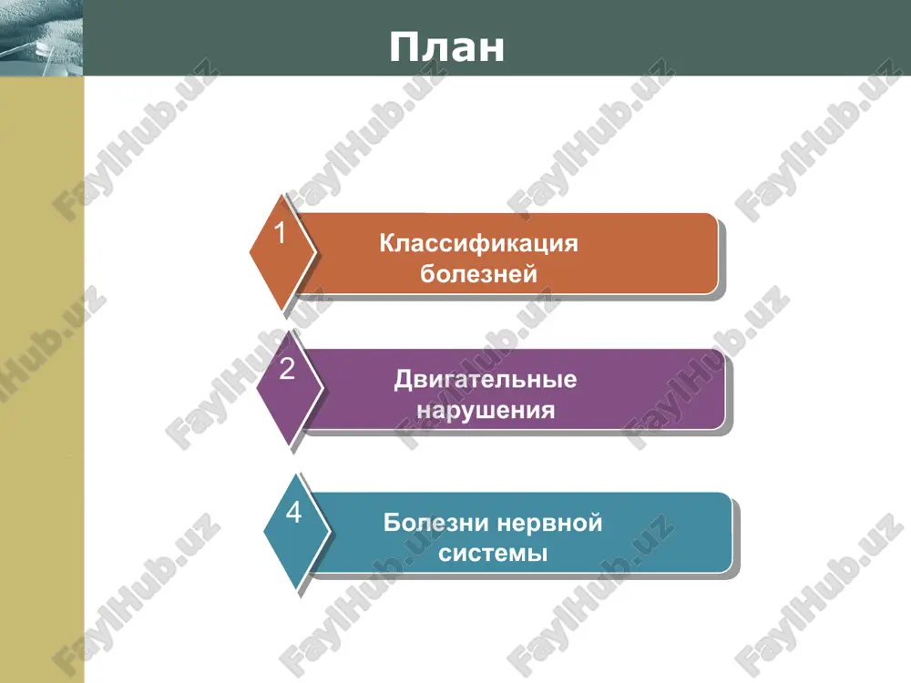 vigatelnix narusheniy issledovanie koordinatsii dvijeniya, ravnovesiya tela v pokoe i pri xodbe provedenie paltse-nosovoy probi vipolnenie kolenno- pyatochnoy probi neustoychivost bolnogo v poze romberga (staticheskaya ataksiya) sled bolnogo s atakticheskoy poxodkoy www.themegallery.com company logo diagnostika dvigatelnix narusheniy issledovanie refleksov issledovanie refleksa suxojiliya dvuglavoy mishtsi plecha issledovanie refleksa suxojiliya trexglavoy mishtsi plecha issledovanie pyastno- luchevogo refleksa issledovanie kolennogo refleksa issledovanie axillova refleksa www.themegallery.com company logo diagnostika narusheniy mozga transillyuminatsiya cherepa: a – zdorovogo rebenka; b – rebenka pri gidrotsefalii. www.themegallery.com company logo diagnostika narusheniy mozga exo-entsefalogramma www.themegallery.com company logo diagnostika narusheniy mozga izmerenie davleniya spinnomozgovoy jidkosti pri poyasnichnom prokole www.themegallery.com company logo dvigatelnie narusheniya 1 – ptoz – opushenie verxnego veka; 2 – rasxodyasheesya kosoglazie; 3 – midriaz (rasshirenie) pravogo zrachka; 4 – sxodyasheesya kosoglazie pravogo glaza; 5 – sxodyasheesya kosoglazie pri vzglyade vniz; 6 – mioz (sujenie) levogo zrachka. simptomi porajeniya glazodvigatelnix nervov perifericheskiy paralich mimicheskix mishts www.themegallery.com company logo …