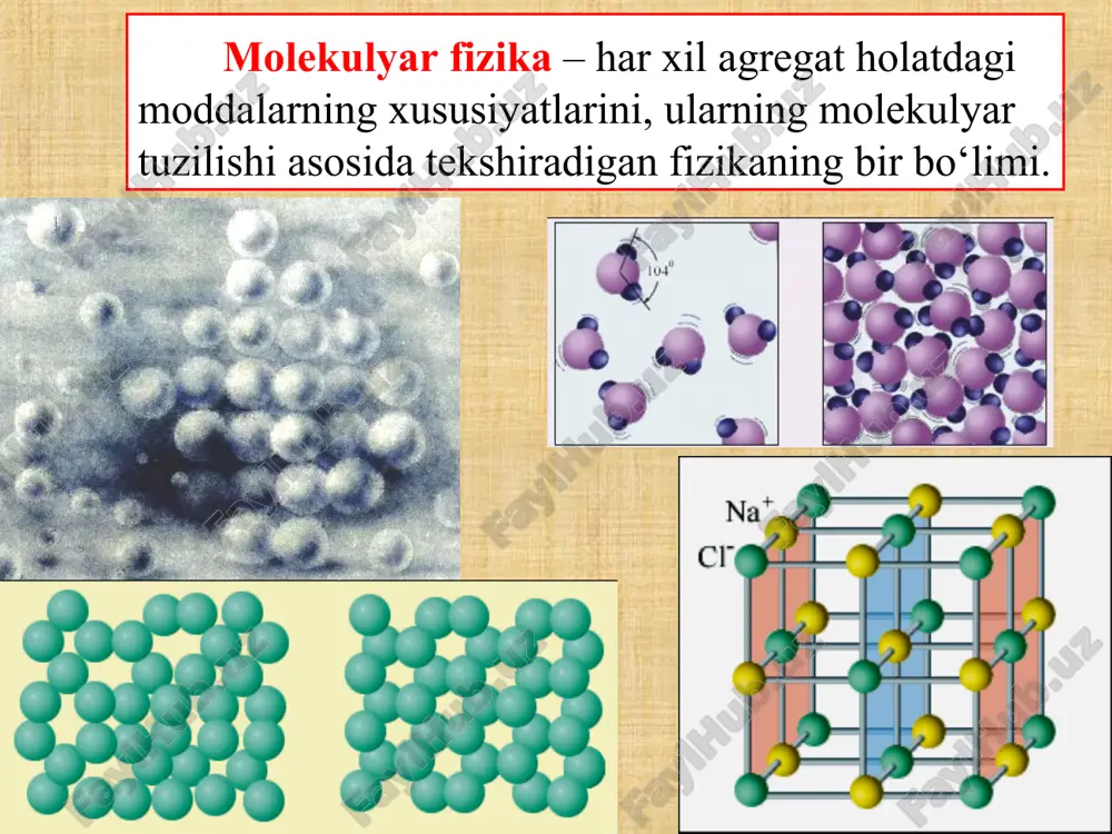 etilgan. bolsman maksvellning elektromagnit maydon nazariyasini rivojlantirish va ommalashtirish sohasida ko‘p ishlar qildi. tabiatan kurashchi bo‘lgani holda u issiqlik hodisalarini molekulyar nuqtai nazardan talqin etish zarurligini qat’iy himoya qildi va molekulalar borligini inkor etuvchi olimlar bilan bo‘lgan kurashning asosiy qiyinchiligini o‘ziga oldi. 1. molekulyar-kinetik nazariyaning asosiy qoidalari 1. molekulyar-kinetik nazariyaning asosiy qoidalari mkn ning to‘g‘riligini tasdiqlaydigan hodisalar: - moddalarning mexanik bo‘linishining mumkinligi. - gazlarning kengayishi va siqilishi. - suyuqliklarda moddalarning erishi. -suyuqliklarning oqish qobiliyati. - elektron mikroskoplarda molekula va atomlarning tasvirini olinishi. 1. molekulyar-kinetik nazariyaning asosiy qoidalari -diffuziya hodisasi (bir-biri bilan chegaradosh ikki modda molekulalarining xaotik harakati natijasida o‘zaro aralashib ketish hodisasi). -broun harakati (suyuqlik yoki gazlarda muallaq holatdagi qattiq va erimaydigan zarrachalarning uzluqsiz xaotik harakati). 1. molekulyar-kinetik nazariyaning asosiy qoidalari 1. molekulyar-kinetik nazariyaning asosiy qoidalari robert broun (1773-1858) albert eynshteyn (1879-1955) marian smoluxovskiy (1872-1917) jan batist perren (1870-1942 1. molekulyar-kinetik nazariyaning asosiy qoidalari - molekula tezligining o‘lchanilishi (shtern tajribasi). …