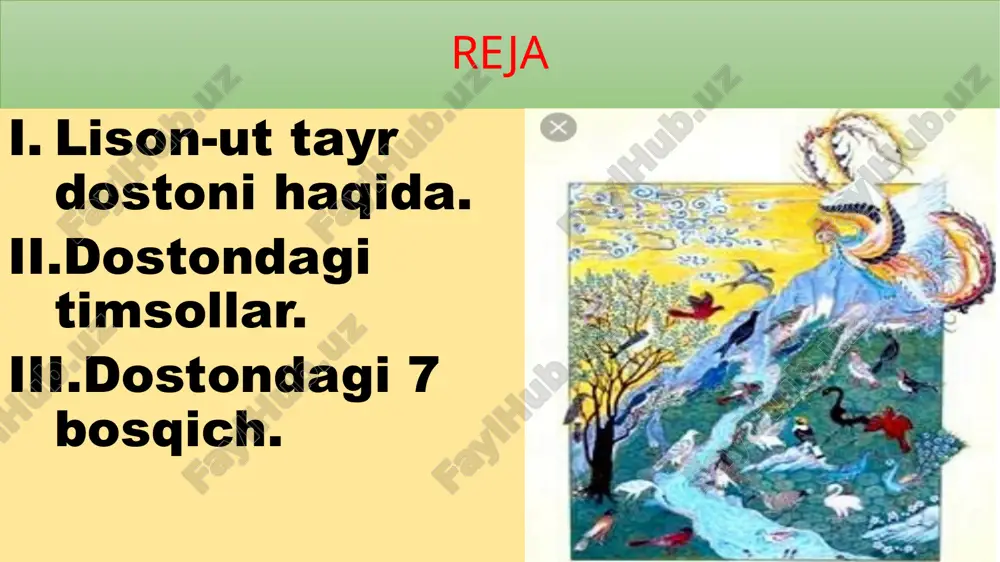 ar keltiriladi. ularda turli obrazlar uchraydi. ularni quyidagicha guruhlab o’rganishni ma’qul topdik: payg’ambarlar obrazi. diniy – tasavvufiy obrazlar. tarixiy shaxslar timsoli. mifologik obrazlar. ishq-muhabbat bilan bog’liq an’naviy obrazlar. yusuf payg’ambar o’zbek mumtoz adabiyotida, qolaversa alisher navoiy asarlarida o’ziga xos go’zallik sifatida ta’riflanadi. ‘’lison ut-tayr’’ dostonida ham bir necha bor yusuf payg’ambar obrazi keltirib o’tiladi: dard-u g’am erdi anga yor-u nadim, hajr zindonida yusufbek muqim. e’tiboringiz uchun rahmat image1.png image2.png image3.png image4.png image5.png image6.png image7.jpeg image8.png image9.png /docprops/thumbnail.jpeg