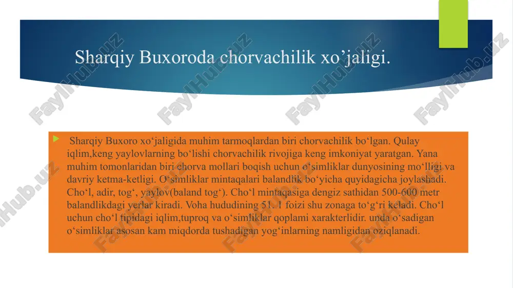 holi etnik tarkibining rang– barangligi, moddiy va madaniy an'analarning farqlanishi bilan izohlanadi. surxon vohasi chorvachilik xo‘jaligini asosan to‘rt turga, ya'ni yaylovli, ko‘chmanchi, haydaladigan, turadigan – haydaladigan-yaylovli xo‘jaliklarga bo‘lish mumkin. chorva mollari haydab boqiladigan yaylovli turi vohaning hisor tizmalari janubiy yonbag‘irlari, boysun va ko‘hitang tog‘oldi hamda amudaryo qirg‘oqlarida yashovchi aholi uchun xosdir, bu tur chorvachiligida qoramol, qo‘y va sigirlar ko‘chirib boqiladi. faqat miniladigan otlar va bo‘rdoqiga qo‘yilgan qo‘chqorlar doimiy ravishda bir joyda boquvda saqlangan. chorvachilikning turadigan-haydaladigan-yaylovli turi o‘troq holda yashovchi tog‘ xalqiga, xususan, tojik aholisiga xosdir. bu tur chorvachiligi bilan boysunning tog‘ xalqi aholisi shug‘ullangan. chorvachilikning bu turi bilan shug‘ullanadigan aholi turmushida tekislik va tog‘ yonbag‘ri o‘troq aholisi hayotiga nisbatan chorvachilik katta ahamiyatga ega edi. voha chorvachiligining yetakchi tarmog‘i qo‘ychilik hisoblanib,aholini go‘sht,sut,yog‘,jun,teri kabi mahsulotlar bilan ta'minlashda muhim o‘rin tutgan. buxoro xonligida qo‘ychilik iqtisodiy hayotda muhim o‘rin tutganligini. bozorlarda uning boshqa hududlarga nisbatan yuqori narxlarda sotilishidan ham bilish mumkin. agar qo‘qon xonligida …