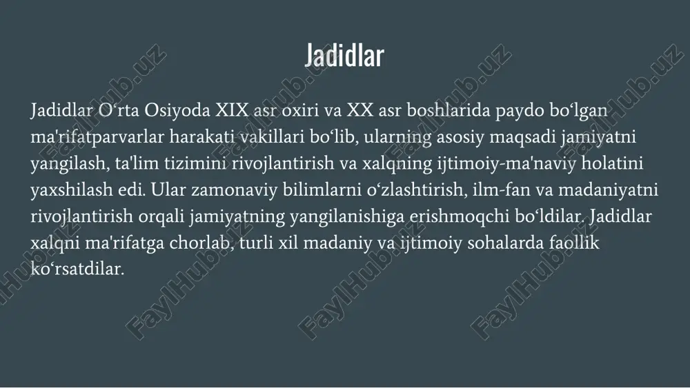xalq orasida ma'rifatni targ‘ib qilishda teatr va san'atdan ham foydalandilar. ular sahnaga hayotiy voqealar asosida yaratilgan asarlarni qo‘yib, xalqning ijtimoiy muammolariga diqqat qaratdilar. bu orqali jamiyatda mavjud muammolarni ochiq muhokama qilishga imkon yaratildi. 6. milliy birlik va birdamlikka intilish: jadidlar turli millat va elat vakillarini birdamlikka chaqirar, ularni bir xalq sifatida shakllanishga undashardi. bu yo‘lda jadidlar milliy til, madaniyat va urf-odatlarni rivojlantirishga katta e'tibor qaratdilar. mashhur jadidlar va ularning faoliyati abdulla avloniy (1878–1934) o‘zbekistonning taniqli jadid ziyolisi, pedagog, yozuvchi, jurnalist va teatr arbobi bo‘lgan. u milliy ma'rifat va madaniyatni yuksaltirishda katta rol o‘ynagan, xalqni savodli qilish, yangicha ta’lim olish va milliy ruhni shakllantirish yo‘lida fidoyilik ko‘rsatgan. uning faoliyati va asarlari millatni ma'rifatga chorlab, ijtimoiy va madaniy o‘zgarishlar qilishga yo‘naltirilgan. avloniy faoliyatining asosiy yo‘nalishlari va asarlari 1. ta'lim va yangi maktablar tashkil etish: avloniy turkistonda birinchi jadid maktablaridan birini ochgan va yangi usuldagi ta'lim tizimini rivojlantirish uchun ko‘p mehnat qilgan. u …