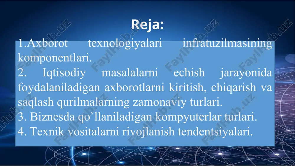 yalari iqtisodiy ob'ektda amalga oshiriladi axborot texnologiyalarini maqsadi - axborot olish ma`lumotlarni qayta ishlash texnologik jarayonlarining operatsiyalari axborot texnologiyalarining vositalari – hisoblash majmualari texnologik jarayonni boshqarish- tashkilot boshqaruvi axborot texnologiyalarini predmeti - ma`lumot texnologik jarayonni optimallik mezoni – foydalanuvchilarga axborotlarni o`z vaqtida etkazish, uning ishonchliligi, to`g`ri va to`liqligi axborot texnologiyalarining asosiy xususiyatlari axborot texnologiya-lari xususiyatlari maqsadlilik komponent-lar va strukturaning mavjudligi butunlik o'z vaqtida rivojlanish tashqi muhit bilan o'zaro bog'liqlik komponentlar va strukturaning mavjudligi funktsional komponentlar - bu jarayonlar aylanishidagi o`ziga xos tarkib va ma'lumotlarni qayta ishlash jarayonlarining o'ziga xos mazmuni (at axborot bazasi) axborot texnologiyalari tarkibi - bu o'zaro bog'liq bo'lgan at tarkibiy qismlarini aks ettiruvchi ichki majmua maqsadlilik zamonaviy kompyuter texnologiyalari, ma'lumotlar bazalari, turli xil kompyuter tarmoqlarini joriy etish orqali ishlab chiqarish samaradorligini oshirishdan iborat bo'lib, bu ma'lumotlarning samarali aylanishi va qayta ishlashiga imkon beradi. tashqi muhit bilan o'zaro bog'liqlik bu axborot texnologiyalarining boshqaruv ob'ektlari, tashqi korxonalar, tashkilotlar, shu …