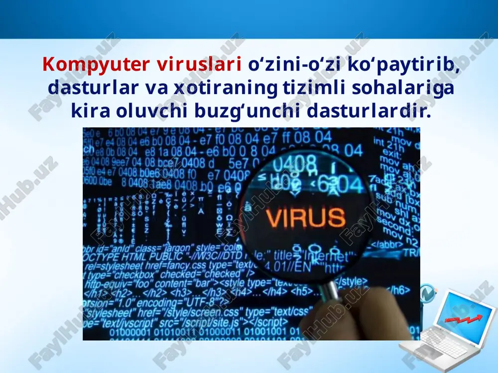 , foydalanmaslik; shubhali manbalardan kelgan noma’lum fayllami ishga tushirmaslik; antiviruslar quyidagi turlarga bo'linadi: 1. detektor - dasturlar; 2. doktor - dasturlar 4. filtr - dasturlar. 3. revizor - dasturlar; antiviruslar ichida eng ishonchli himoya vositasi sifatida revizor - dasturlar hisoblanadi. revizorlar kompyuterdagi dasturlarning viruslar bilan zararlanmagan dastlabki holatini yodda saqlaydi va joriy holatni solishtirib boradi. internet tarmog‘iga ulangan kompyuter - yangilash yordamida eng kamida bir oyda bir marta antiviruslar bazasini yangilab turish zarur. buning natijasida foydalanuvchi kompyuterni jahon hisoblash to‘rida to'xtovsiz ishlab chiqilayotgan yangi viruslardan himoyalanishni mustahkamlaydi. ishchi dasturlar yordamida kompyuterni himoyalash rejasini amalga oshirish, statistikasi va monitoringini olib borish, zaruriyat bo‘lganda qaytadan tiklash uchun ehtiyot disklarini yaratish kabi vazifalarni bajarish mumkin. savol va topshiriqlar 1. kompyuter viruslari deganda nimani tushunasiz? 2. eset endpoint antivirusi dasturidan foydalanishni tushuntirib bering. image2.jpeg image3.jpg image4.jpeg image5.jpeg image6.gif image7.jpeg image8.jpeg image9.jpeg image10.jpeg image11.jpeg image12.jpeg image13.jpg image1.jpeg /docprops/thumbnail.jpeg