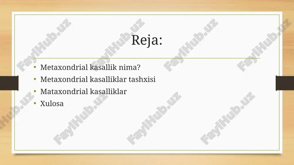 radan hujayraga farq qilishi mumkin. mitoxondriyal kasallik xuddi shu hujayraning ichida genetik moddasi mutatsiyaga uchragan va bu mitoxondriyaning ishlashiga salbiy ta'sir ko'rsatadigan mitoxondriyalar bo'lganida sodir bo'ladi. shunday qilib, mitoxondriya qancha nuqsonli bo'lsa, shuncha kam energiya ishlab chiqariladi va hujayra o'lishi ehtimoli shunchalik katta bo'lib, hujayra mansub bo'lgan organning ishiga putur etkazadi. tashxislash tashxis qo'yish qiyin, chunki kasallik belgilari boshqa holatlarni ham taklif qilishi mumkin. mitoxondriyal tashxis odatda faqat so'raladigan test natijalari noaniq bo'lganda tuziladi. mitokondriyal kasallikni aniqlash ko'pincha mitoxondriyal kasalliklarga ixtisoslashgan shifokorlar tomonidan genetik va molekulyar testlar orqali amalga oshiriladi. tashxis usullari qon tahlillari, genetik testlar, mushak biopsiyasi orqali aniqlanadi. davolash usullari mitokondriyal kasalliklarni davolashning o'ziga xos usuli mavjud emasligiga qaramay, mitoxondriyal dnkning mutatsion mutatsiyasini avloddan avlodga o'tishini oldini olish mumkin. bu urug'lantirilgan tuxumga urug 'bilan mos keladigan tuxum hujayrasi yadrosini mitoxondriya donori deb nomlangan boshqa ayolning sog'lom mitoxondriyasi bilan birlashtirish orqali sodir bo'ladi. shunday qilib, embrion ota-onasining genetik materialiga …
