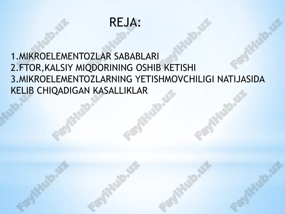 boʻlinadi. klinik tibbiyotda so, fe, cu kabi m.ning preparatlari anemiyaning baʼzi turlarini davolashda, vg va i farmakologik moddalar sifatida qoʻllanadi. m. gigiyenada muvaffaqiyat bilan ishlatilmoqda (mas, endemik buqoqning oddini olishda tuz va nonni yodlash, tish chirishiga karshi suvni ftorlash va hokazo) organizmda m. xilma-xil biologik faol birikmalar: fermentlar, vitaminlar, gormonlar va boshqa tarkibiga kiradi. bu m. taʼsiri, asosan, organizmda moddalar almashinuvi jarayonlari faolligining oʻzgarishida namoyon boʻladi. baʼzan m. organizmlarning oʻsishi, qon hosil qilishi, toʻqimalar orqali nafas olish jarayonlari, hujayralar ichi moddalar almashinuvi va hokazoga taʼsir koʻrsatadi. ftor och sariq tusli, oʻtkir hidli, zaharli gaz. nafasni boʻgʻadi. suyuqlanish temperaturasi — 219,6°, qaynash temperaturasi — 188,1°. gaz holatdagi ftorning zichligi 1,693 g/l (0°, 760 mm sim. ust.da). erkin ftor 2 atomli molekula — gʻ2 dan iborat. ftor birikmalari juda mustahkamligidan, uni kimyoviy usullarda erkin holatda ajratib olib boʻlmaydi. ftor suv bilan reaksiyaga kirishadi, benzol, xloroform kabi erituvchilarda eriydi. ftor juda faol element, …