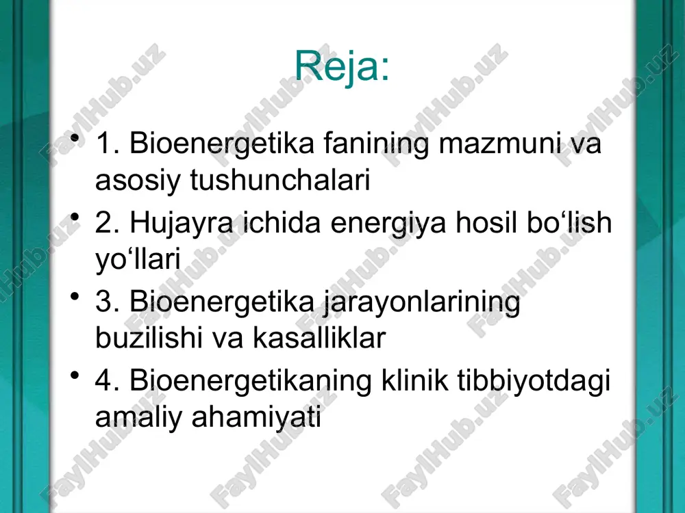 sil bo‘ladi. bu energiyaning tez hosil bo‘lish yo‘lidir. aerob sharoitda piruvat mitoxondriyaga kirib, krebs siklida oksidlanadi. krebs sikli natijasida nadh va fadh₂ kabi koenzimlar hosil bo‘ladi. ushbu koenzimlar elektron transport zanjiriga elektronlarni uzatib, oksidlovchi fosforillanish orqali katta miqdorda atp ishlab chiqaradi. elektron transport zanjiri mitoxondriya ichki membranasida joylashgan bo‘lib, u kislorod ishtirokida ishlaydi. zanjirda hosil bo‘ladigan proton gradienti orqali atp sintezi amalga oshadi. bu jarayon atp-sintetaza fermenti orqali amalga oshadi va maksimal darajada samarali hisoblanadi. anaerob sharoitda esa energiya faqat glikoliz hisobiga olinadi, bu holatda atigi 2 molekula atp hosil bo‘ladi. mushak hujayralari og‘ir ish paytida anaerob metabolizmga o‘tadi. bu esa laktat to‘planishiga olib keladi va mushak charchoqlariga sabab bo‘ladi. shu bilan birga, ba’zi patalogik holatlarda hujayra faqat ana shu yo‘ldan foydalanishga majbur bo‘ladi. bioenergetika jarayonlarining buzilishi va kasalliklar bioenergetik buzilishlar hujayralarda metabolik disbalans, toksik ta’sir, kislorod yetishmovchiligi yoki fermentlarning genetik yetishmovchiligi natijasida yuzaga keladi. ayniqsa, mitoxondrial kasalliklarda elektron transport …