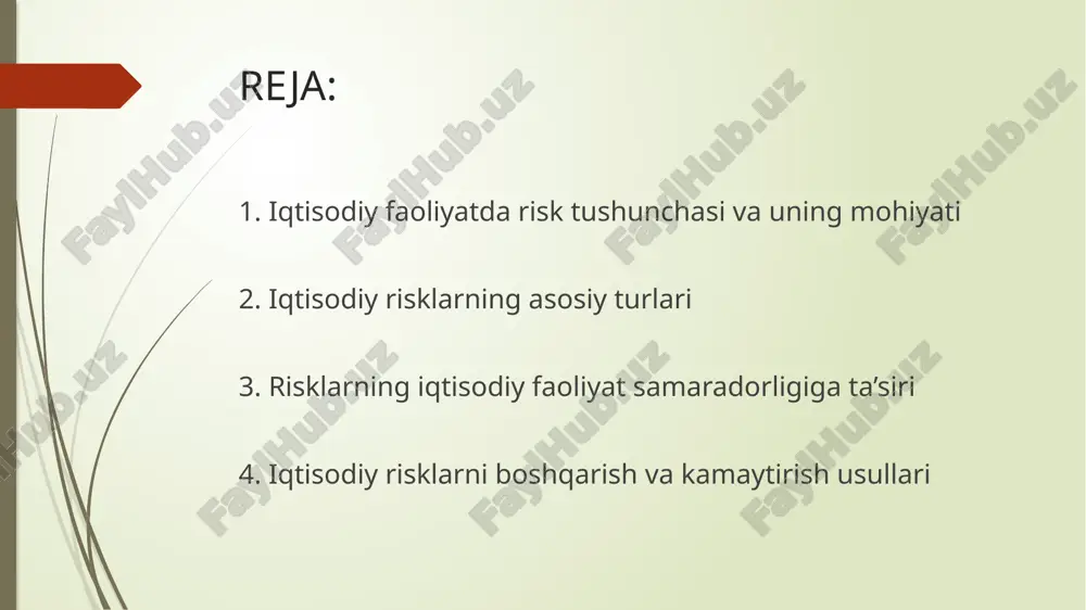 ing kuchayishi yoki narxlarning keskin o‘zgarishi oqibatida yuzaga keladigan risk. 4. investitsion risk – yangi loyihalarga kiritilgan mablag‘ning kutilgan daromadni bermasligi yoki umuman zarar keltirishi ehtimoli. 5. huquqiy risklar – qonunchilikdagi o‘zgarishlar, shartnoma shartlarining buzilishi yoki me’yoriy hujjatlarning noto‘g‘ri qo‘llanishi natijasida yuzaga keladigan risklar. 6. tashkiliy va boshqaruv riski – korxona rahbariyatining noto‘g‘ri qarorlari, boshqaruvdagi xatoliklar va strategik rejalarning muvaffaqiyatsizligi bilan bog‘liq xavflar. 7. tabiiy va ekologik risklar – tabiiy ofatlar, iqlim o‘zgarishi yoki ekologik muammolar tufayli ishlab chiqarish va moliyaviy faoliyatda yuzaga keladigan yo‘qotishlar. 3. risklarning iqtisodiy faoliyat samaradorligiga ta’siri risk iqtisodiy faoliyatning ajralmas qismi hisoblanadi. u xo‘jalik yurituvchi subyektlarning qaror qabul qilish jarayoniga bevosita ta’sir qiladi. risklarning mavjudligi bir tomondan salbiy oqibatlarga olib kelishi mumkin bo‘lsa, ikkinchi tomondan to‘g‘ri boshqarilganda yangi imkoniyatlarni ham yaratadi. risklarning salbiy ta’siri: 1. moliyaviy barqarorlikning buzilishi – kutilmagan zararlar korxona yoki bankning rentabelligini pasaytiradi. 2. ishlab chiqarish jarayonining izdan chiqishi – texnologik risklar …