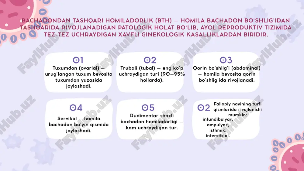 ga olib keladi. klassik triada: hayz kechikishi, qorin pastida og‘riq, vaginal qonli ajralmalar. og‘ir holatda: ichki qon ketish belgilari – hushdan ketish, taxikardiya, arterial bosimning pasayishi, qorin bo‘shlig‘ida suyuqlik. ammo 50% hollarda simptomlar noxos yoki atipik bo‘ladi. klinik manzara tashxislash 01 02 03 klinik tekshiruv: ginekologik ko‘rikda yon sohada og‘riqli massasimon shakl, bachadon hajmi kichik. laborator usullar: β-hcg dinamikasi: normal homiladorlikda 48 soatda 66% dan ortiq oshadi; bthda esa sekin ko‘tariladi. progesteron darajasi: <5 ng/ml bo‘lsa, nohayotiy homiladorlikka shubha qilinadi. instrumental usullar: transvaginal utt: bachadonda gestatsion qop yo‘qligi, nay sohasida massasimon hosila, qorin bo‘shlig‘ida erkin suyuqlik. laparoskopiya: diagnostik va davolash maqsadida oltin standart. 80% davolash 20% konservativ (dori bilan) metotreksat (mtx): trofoblast hujayralarini yo‘q qiladi. indikatsiyalar: homila <3,5 sm, yurak urishi yo‘q, β-hcg <5000 iu/l, ichki qon ketish yo‘q. qo‘llash usullari: yagona dozali yoki ko‘p dozali rejim. afzalliklari: reproduktiv salomatlikni saqlash. 2. jarrohlik laparoskopik salpingostomiya: nay devorini kesib, homilani chiqarib, …