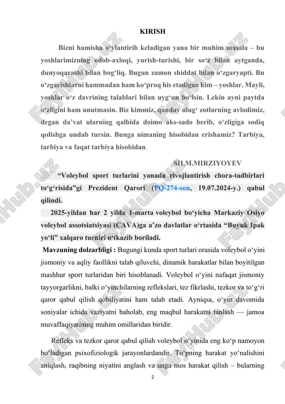 jamoa muvaffaqiyatining muhim omillaridan biridir. refleks va tezkor qaror qabul qilish voleybol o‘yinida eng ko‘p namoyon bo‘ladigan psixofiziologik jarayonlardandir. to‘pning harakat yo‘nalishini aniqlash, raqibning niyatini anglash va unga mos harakat qilish – bularning barchasi yuqori darajadagi reflekslar va aqliy faollik orqali amalga oshiriladi. ayniqsa, yuqori darajadagi musobaqalarda, bu ko‘nikmalar sportchilarni ajratib turuvchi asosiy jihatlardan biri hisoblanadi. mazkur kurs ishining dolzarbligi shundaki, u voleybol o‘yinida refleks va tezkor qaror qabul qilishning ahamiyatini, ularni rivojlantirish yo‘llarini o‘rganish va yosh sportchilarni tayyorlash jarayonida ushbu jihatlarning qanchalik muhim ekanligini yoritib beradi. kurs ishining maqsadi – voleybol o‘yinida refleks va tezkor qaror qabul qilishning nazariy asoslarini ochib berish, ularning sportchi mahoratini shakllantirishdagi rolini aniqlash hamda amaliy mashg‘ulotlarda qo‘llaniladigan samarali usullarni tavsiflashdan iborat. kurs ishining vazifalari: -refleks va tezkor qaror qabul qilish tushunchalarini o‘rganish; -voleybol o‘yinida bu ko‘nikmalarning qanday namoyon bo‘lishini tahlil qilish; -refleks va qaror qabul qilishni rivojlantirish bo‘yicha mashg‘ulotlar tizimini tavsiflash; -amaliy tavsiyalar ishlab …