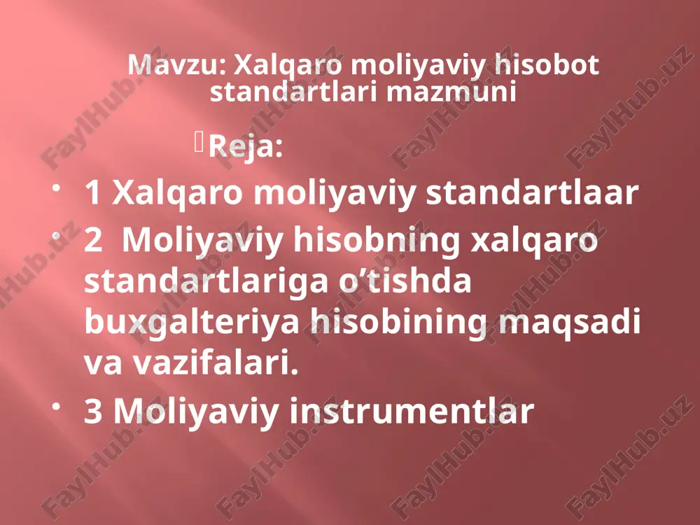 botning maqsadi iqtisodiy qarorlar qabul qilishda foydalanuvchilarning keng doirasiga foydali bo'lgan korxonaning moliyaviy holati, faoliyati va moliyaviy holatidagi o'zgarishlar to'g'risida ma'lumot berishdir". moliyaviy hisobotlar tushunarli, dolzarb, ishonchli va taqqoslanadigan bo'lishi kerak. hisobotdagi aktivlar, majburiyatlar, kapital, daromadlar va xarajatlar tashkilotning moliyaviy holatiga bevosita bog'liqdir. hisobotning mohiyati va ahamiyati uning soddaligi, ishonchliligi, birligi, samaradorligi, tejamkorlik, taqqoslanuvchining, shuningdek, shakllantirish bajarish va ommalashtirishning qat’iy standartlashtirilgan tartib qoidalariga rioya qilishdadur. hisob tizimi va hisobotlarga bo’lgan talablar xilma –xil bo’lgan mamlakatlarda transmilliy kapitalining faoliyat ko’rsata boshlashi natijasida xalqaro hisob standartlarini yaratish muomosi yuzaga kildi. o’zbekiston buxgalteriya hisobi standartlari – bu tashkilotda buxgalteriya hisobini yuritish qoidalarini tartibga soluvchi o’zbekiston respublikasi moliya vazirligi tomonidan chiqarilgan. kampaniyalar balansda, daromadlar tug’risidagi hisobotda, shuningdek ularning ilovalarida aks ettirilgan baz’i ko’rsatkichlarni qo’shimcha ravishda batafsil bayon qilishlari mumkin. tushuntirishlar matn yoki jadval shaklida taqdim etiladi. u bir necha yillar davomida eng muxim iqtisodiy va moliyaviy kursatkichlari dinamikasini aks ettiradi; kampaniyaning kutilayotgan rivojlanishi; rejalashtirilgan …