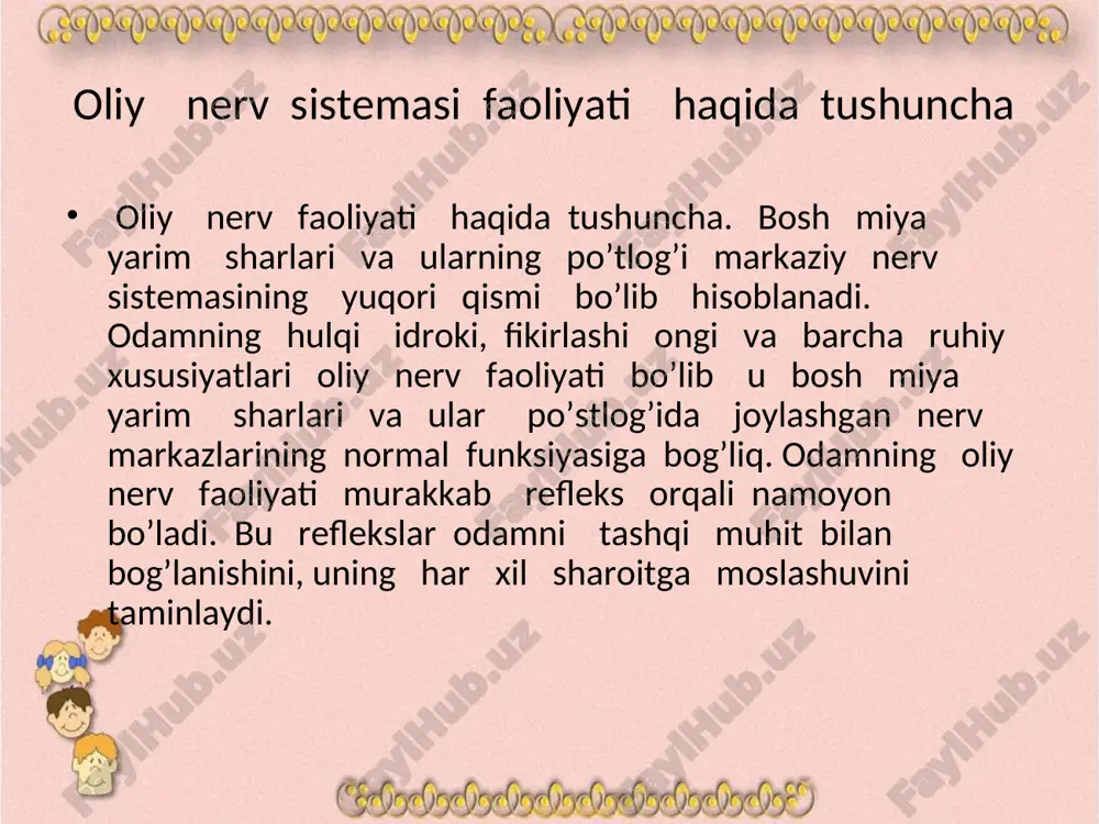 himcha qo’shildi .“ bu qo’shimcha odamga nutq paydo bo’lishi va yangi signal sistemasi vujudga kelishidan iborat bo’ladi. organik dunyo taraqiyotining shu bosqichida muhit bilan aloqa bo’g’lashning yangi faqat odamga-gina xos bo’lgan ikkinchi signal sistemasi qaror topdi , “homo sapens” oilasi paydo bo’guncha hayvonlar deb yozgan edi i.p.pavlov - atrofdagi dunyoning hayvonlardagi xilma –xil reseptor mexanizmlarga ta’sir etadigan va markaziy nerv xujayralariga yetib boradigan turli agentlaridan kelib chiquvchi bevosita ta’surotlari orqaligina o’sha dunyo bilan a’loqga qilar edi. bu ta’surotlar tashqi abyektlarining birdan – bir signallari edi . odamda ikkinchi darajali signal birinchi signallarning signali - talaffus etiladigan , eshitiladigan, ko’riladigan so’zlar ko’rinishida paydo bo’lib rivojlanib bordi va yuqori darajada kamolga yetdi. odamda sust alohida ahamiyat kasb etadi. so’z deb yozadi i. p. pavlov birinchi signallarning signali bo’lib voqeliqni faqat bizga xos ikkinchi signal sistemasining tashkil etadi. nutqning rivojlanishi odamlarning biri –biriga munosabatini osonlashtirib mexnat turlarining ko’payishiga, ong rivojlanishiga sabab bo’ladi. pavlov, …