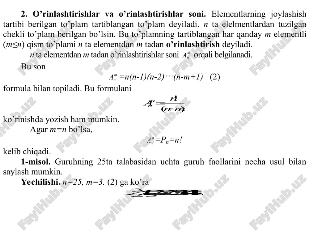 a elementdan iborat chekli to’plam berilgan bo’lsin. bu to’plamning m ta elementidan (0≤m≤n) iborat har qanday qism to’plami n ta elementdan m tadan guruhlash deyiladi. n ta elementdan m tadan tuzilgan guruhlashlar soni m n c orqali belgilanadi. bu son quyidagi formula bo’yicha topiladi: )!(! ! mnm n c m n   (3) 2-misol. 13 15 c hisoblansin. yechilishi. 105 2 1415 21...111213 1...12131415 )!1325(!13 !15 13 15        c . 2. ehtimolliklar nazariyasi predmeti kundalik hayotimizda quyoshning chiqish va botish hodisasi, havo o’zgarib, yomg’ir va qor yog’ish hodisasi kabi turli hodisalarga duch kel amiz. albatta, hodisalar ma’lum shart -sharoitlar (shartlar majmui), bajarilishi yoki biror tajriba (sinash) o’tkazilishi natijasida ro’y beradi. masalan, bir dona to’liq mag’zli donni yetarli haroratga, namlikka ega bo’lgan tuproqqa yetarli chuqurlikka (shartlar majmui) ekkanda unib chiqishi yoki chiqmaslik hodisalaridan biri ro’y berishi mumkin. shuningdek ovchi ovga nisbatan o’q uzganda …