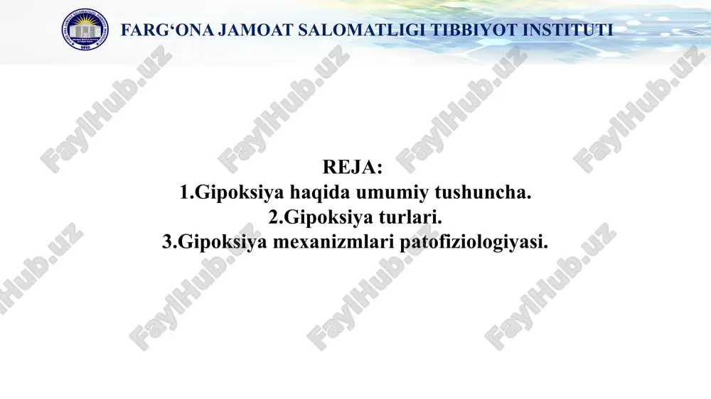 kchalari hosil bo‘ladi va emboliya rivojlanadi. n afas yoki resp irato r g ipoksiya tashqi nafas, y a ’ni o 'p k a ventilatsiyasi buzilishi, alveola devori orqali gazlar diffuziyasi buzilishida perfuziya, ya’ni o ‘pkaning qon bilan ta ’minlanishining buzilishida rivojlanadi. qon bilan bog‘liq, ya’ni gemik gipoksiya, qonning kislorod sig‘imi kamayishida kuzatiladi va anemiyalaming hamma turlariga xos, chunki ularda e ritro tsitla r va gem oglobin m iqdori kam ayadi; karboksigem oglobin hosil b o ‘lishiga olib keluvchi is gazi bilan zaharlanganda (gemoglobinning is gaziga yaqinligi kislorodga nisbatan 300 marta yuqori); nitritlar, anilin bo‘yog‘i va b. bilan zaharlanganda bu holatlarda tarkibida uch valentli temir ushlaydigan metgemoglobin hosil bo‘ladi, u kislorod bilan birika olmaydi. sirkulator gipoksiya katta va kichik qon aylanish doirasida qon aylanishining buzilishida vujudga keladi. natijada to‘tiqimaga kislorod olib kelinishi, arterial qonning oksigenatsiyasi (kislorodga to‘yinishi) buziladi. bu gipoksiyaning dimlanish (yurak yetishmovchiligida) va ishemik (tomir yetishmovchiligida) shakllari farq qilinadi. to'qim …