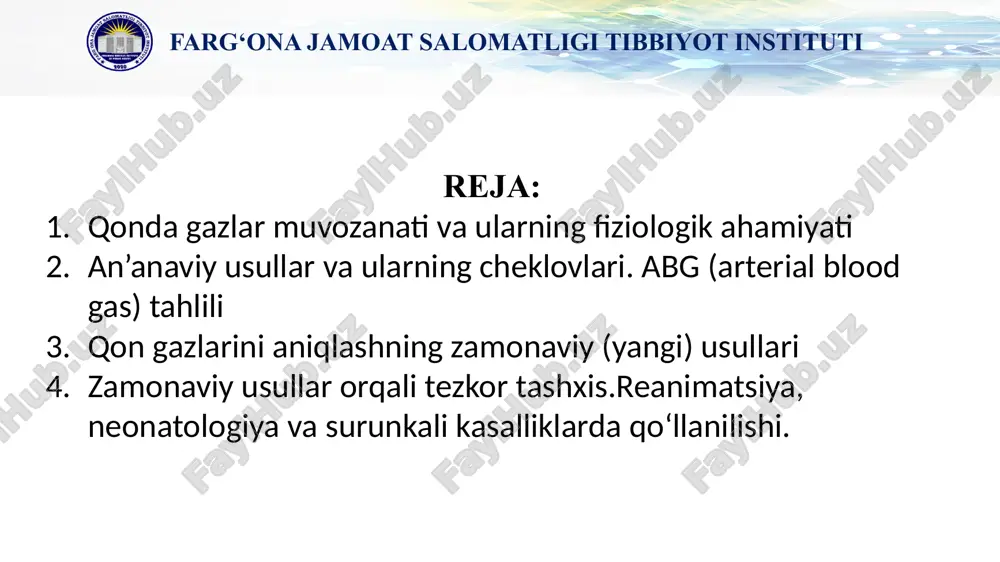 muhim ahamiyatga ega. an’anaviy arterial qon gazlari tahlili (abg) keng qo‘llaniladi, biroq u invaziv bo‘lib, bemor uchun noqulaylik tug‘diradi. so‘nggi yillarda invaziv bo‘lmagan usullar, masalan, transkutan o‘lchovlar (tcm), infraqizil spektroskopiya (nirs) va fotopletizmografiya asosida ishlovchi qurilmalar yordamida qon gazlarini baholash imkoniyati yaratildi. ushbu texnologiyalar real vaqt rejimida, xav, yangi tug‘ilgan chaqaloqlarda transkutan co₂ monitori yordamida ularning nafas faoliyatini uzluksiz nazorat qilish mumkin. bu usullar og‘ir bemorlar holatini baholashda, operatsiya vaqtida yoki shoshilinch yordamda qo‘llanilishi bilan ahamiyatlidir. shu tariqa, yangi usullar qonda gazlar monitoringini yanada aniq, qulay va xavfsiz qiladi. 1. invaziv (tana ichiga kirib boruvchi) usul arteriyadan qon olish og‘riqli va malakali mutaxassis talab qiladi. arterial qon tomirlari venalarga qaraganda chuqurroq joylashgan bo‘ladi, bu esa jarayonni qiyinlashtiradi. noto‘g‘ri bajarilgan holda arteriyaga zarar yetkazilishi, gematoma yoki infektsiya rivojlanishi mumkin. 2. og‘riqli bo‘lishi arteriyadan qon olish venadan qon olishga nisbatan ancha og‘riqli, bu ayniqsa bolalar va keksa yoshdagilar uchun noqulaylik tug‘diradi. 3. …