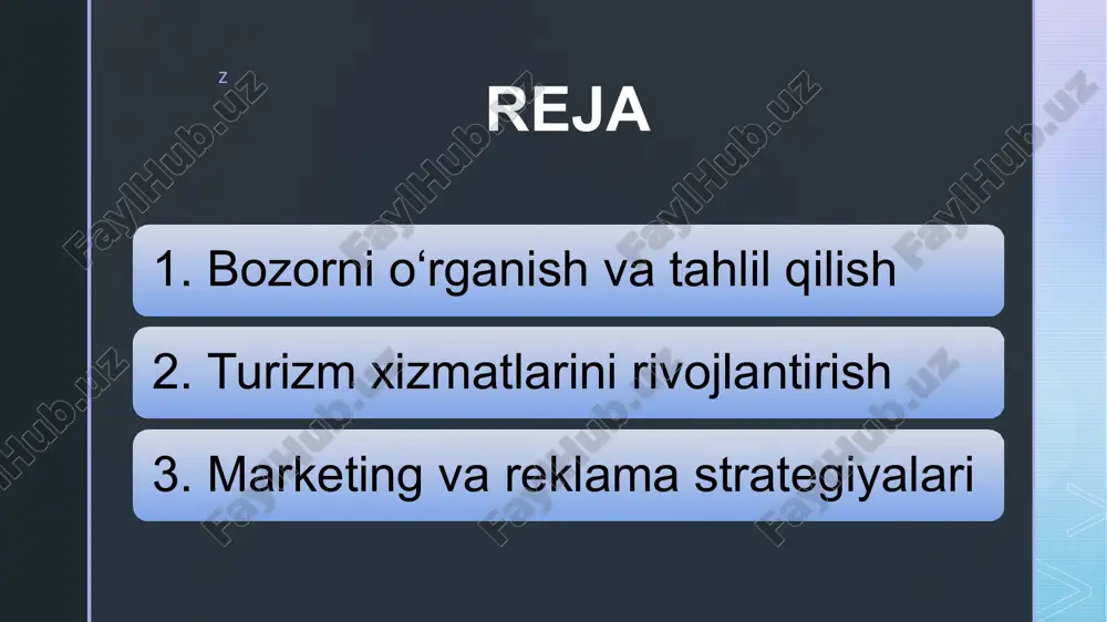 . eksperiment va pilot loyihalar: yangi xizmatlar va tajribalarni kichik miqyosda sinab ko‘rish, ularning samaradorligini o‘lchash va natijalar asosida kengaytirish strategiyasi joriy etiladi. raqamli texnologiyalarni joriy etish onlayn rezervatsiya va sotib olish tizimlari: zamonaviy, foydalanuvchi uchun qulay va xavfsiz onlayn platformalar orqali rezervatsiya jarayonlarini avtomatlashtirish. bu nafaqat foydalanuvchi tajribasini yaxshilaydi, balki xizmatlar o‘rtasida integratsiyani ta’minlaydi. mobil ilovalar va interaktiv platformalar: turistlarga real vaqt rejimida ma’lumotlar, navigatsiya, xizmatlar haqida maslahatlar va maxsus takliflarni taqdim etuvchi mobil ilovalar ishlab chiqish. shuningdek, ilova orqali mahalliy qo‘llanmalar, ekskursiya xaritalari va interaktiv xizmatlar joriy etiladi. hamkorlik tarmog‘ini kengaytirish mahalliy va xalqaro hamkorlik: turizm agentliklari, mehmonxonalar, transport kompaniyalari, restoranlar va boshqa xizmat ko‘rsatuvchi tashkilotlar bilan strategik hamkorlik aloqalarini mustahkamlash. bu hamkorlik orqali integratsiyalashgan turizm paketlari, o‘zaro foydali aksiyalar va qo‘shma marketing kampaniyalari tashkil etiladi. jamoatchilik va davlat bilan hamkorlik: mahalliy hokimiyat va davlat idoralari bilan yaqin hamkorlikda, turizm infratuzilmasini rivojlantirish bo‘yicha qo‘llab-quvvatlash mexanizmlari, grantlar va subsidiyalar …