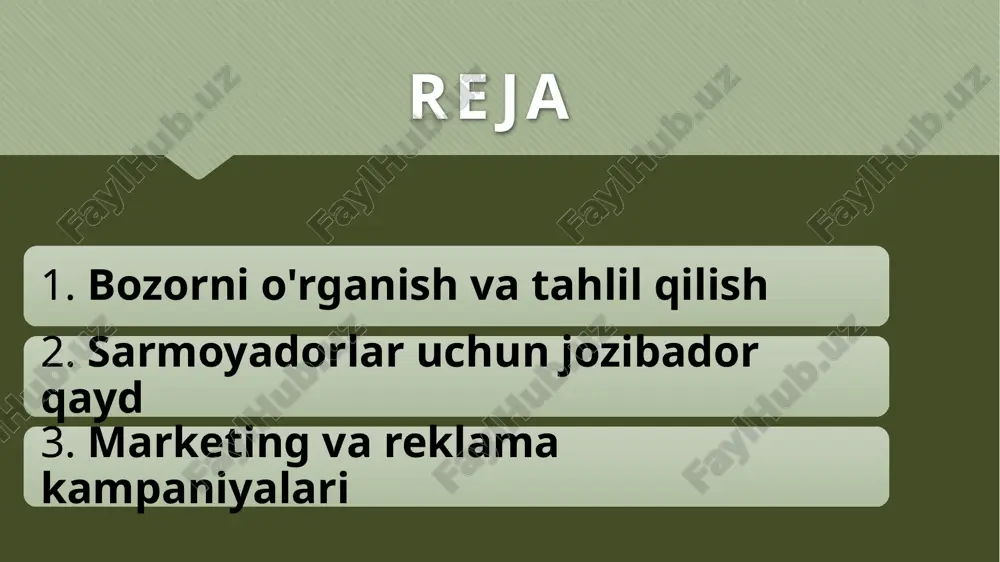 liklari, grantlar, subsidiyalar va boshqa moliyaviy yordam mexanizmlarini ishlab chiqish. qonunchilik va tartib-taomillarni soddalashtirish huquqiy kafolatlar: investitsiyalarni himoya qiluvchi qonun va nizomlarni ishlab chiqish, mulk huquqlarini mustahkamlash va sarmoyadorlar uchun shaffof muhit yaratish. tezkor ruxsatnomalar: loyihalarni amalga oshirish uchun zarur bo‘lgan ruxsatnomalar, litsenziyalar va boshqa hujjatlarni tez va oson olish jarayonini tashkil etish. investitsiya loyihalarini taqdim etish loyiha portfelini shakllantirish: mahalliy imkoniyatlar, innovatsion g‘oyalar va kelajakda rivojlanish potentsialiga ega bo‘lgan turizm loyihalarini aniqlash va ularni sarmoyadorlarga taqdim etish. demo va prezentatsiyalar: investitsiya loyihalarining afzalliklarini, bozor talablari va kutilayotgan daromadlarni ko‘rsatuvchi malakali prezentatsiyalar va demo variantlarini tayyorlash. xalqaro hamkorlik va pr strategiyalari hamkorlik aloqalari: davlat va xususiy sektor o‘rtasida hamkorlikni mustahkamlash, xalqaro investitsiya forumlari, yarmarkalar va seminarlar orqali sarmoyadorlar bilan to‘g‘ridan-to‘g‘ri aloqalarni o‘rnatish. reklama va pr kampaniyalari: investitsiya imkoniyatlarini keng auditoriyaga etkazish uchun samarali pr strategiyalarini ishlab chiqish va xalqaro media bilan hamkorlik qilish. raqamli marketing strategiyalari onlayn reklama va seo: …