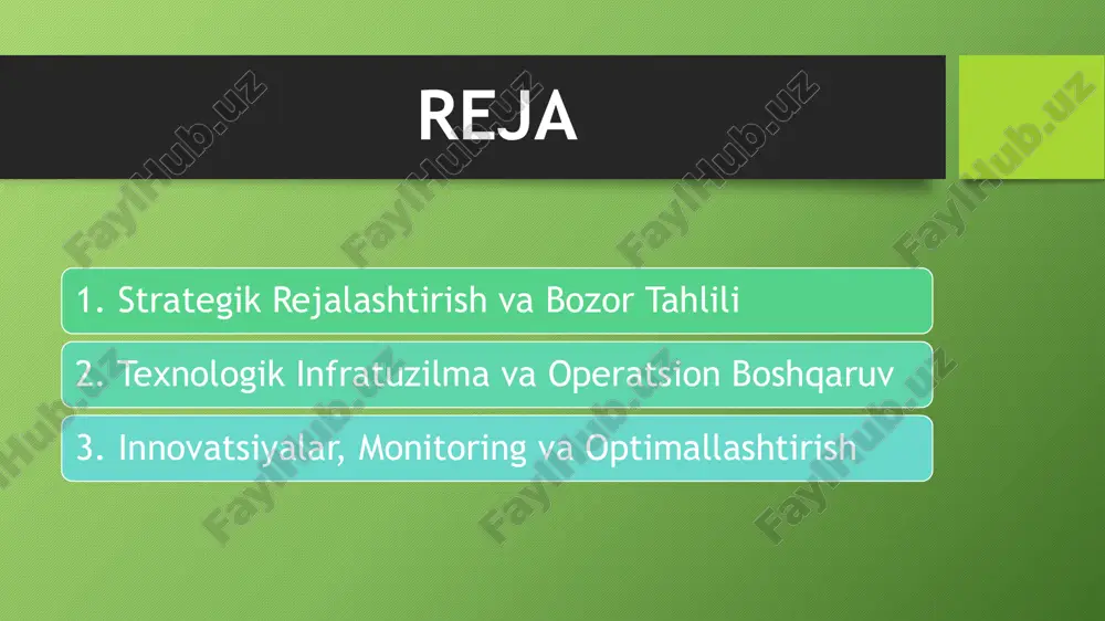 nologiyalar: bulutli hisoblash, sun’iy intellekt va iot kabi texnologiyalarni tatbiq etish orqali tizim samaradorligini oshirish maqsad qilinadi. kiberxavfsizlik: ma’lumotlar va tizimlarni himoya qilish, kiberxavfsizlik choralari ko‘rish orqali texnologik yechimlar ishonchliligini ta’minlash zarur. operatsion jarayonlarni avtomatlashtirish: jarayonlarni raqamlashtirish: ichki operatsiyalar, mijozlarga xizmat ko‘rsatish va ma’lumotlar oqimini avtomatlashtirish orqali jarayonlarni soddalashtirish va tezlashtirish. xodimlarni tayyorlash: yangi texnologiyalar va avtomatlashtirilgan tizimlardan samarali foydalanish uchun xodimlarga treninglar o‘tkazish, ularning malakasini oshirish rejalashtiriladi. yangi texnologiyalarni tatbiq etish: innovatsion mahsulot va xizmatlarni sinovdan o‘tkazish hamda pilot loyihalarni amalga oshirish orqali yangi texnologiyalar samaradorligi baholanadi. mobil ilovalar, interaktiv veb-platformalar va virtual reallik asosidagi yechimlarni joriy etish orqali mijozlarga zamonaviy va qulay xizmatlar taqdim etiladi. doimiy monitoring va tahlil: raqamli platformalar ishlash ko‘rsatkichlari, mijozlar fikri va sotuvlar natijalarini muntazam kuzatib borish orqali texnologik yangiliklarning samaradorligi baholanadi. statistik tahlil va monitoring natijalari asosida innovatsion yechimlarning o‘zgaruvchan bozor sharoitlariga moslashishi nazorat qilinadi. fikr-mulohazalar asosida optimallashtirish: mijozlar va xodimlardan olingan fikr-mulohazalar …