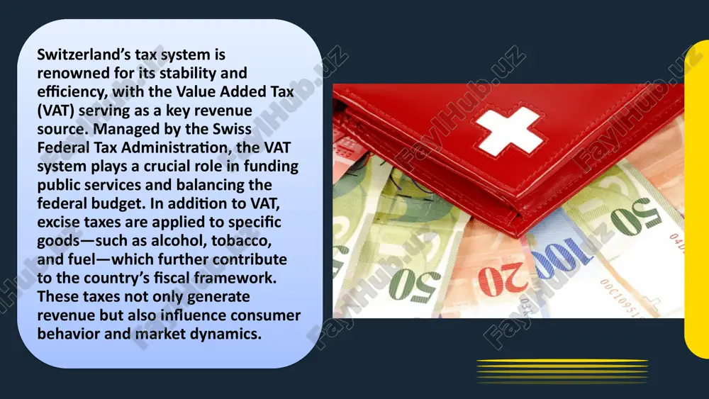 rate in vat revenue of roughly 2% over the period. excise tax revenues: 2020: estimated at around chf 3.4 billion 2021 – 2023: fluctuations observed with a gradual increase, reaching approximately chf 3.5 to 3.6 billion 2024 (projected): expected to be near chf 3.6 billion these figures reflect the impact of market conditions and regulatory adjustments in sectors such as alcohol, tobacco, and fuel. methodology: data collection: annual data for the five-year period (2020–2024) has been compiled from official reports and verified against independent sources. data on tax rate changes, revenue figures, and related economic indicators (such as gdp growth and inflation) are aggregated. analysis techniques: descriptive statistics: calculation of year-over-year growth rates and average figures to understand trends in vat and excise tax revenues. trend analysis: graphical representations (charts, line graphs, and tables) are used to visualize changes over time. correlation analysis: comparison with broader economic indicators to assess …