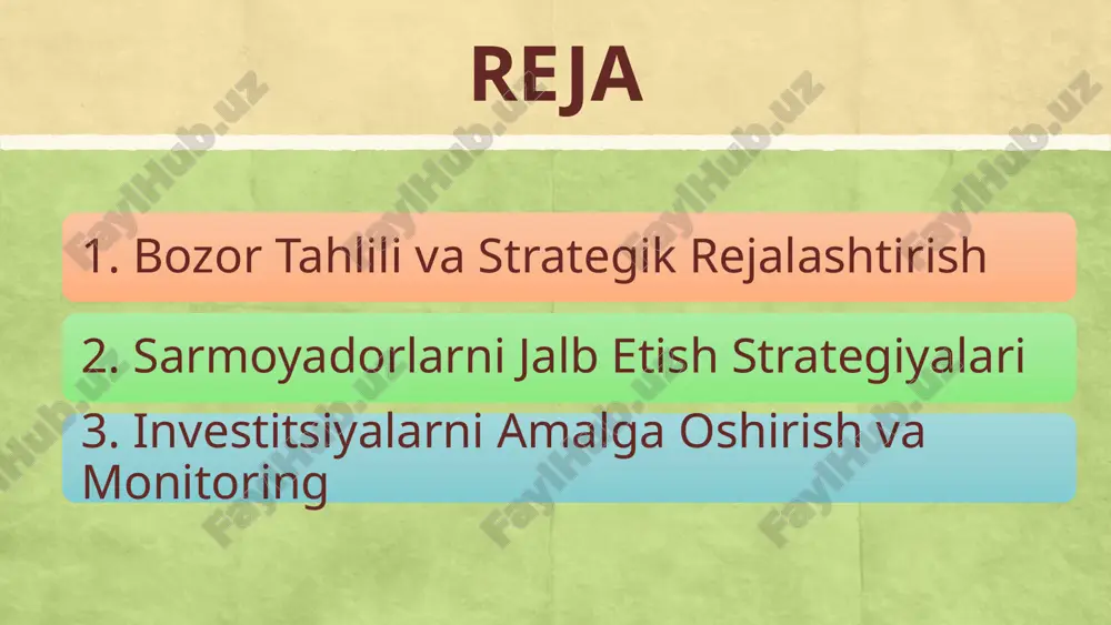 , o‘rta va uzoq muddatli strategiyalar belgilab olinadi. ushbu reja ichida aniq maqsadlar, kpi’lar (kalit ko‘rsatkichlar) va amalga oshirish jadvali kiritiladi. moslashuvchanlik va innovatsiyalar: bozorning o‘zgaruvchan sharoitlariga tez moslashish uchun strategiyada yangilanish va innovatsion yechimlarni joriy etish mexanizmlari kiritiladi. bu, investitsiyalar samaradorligini oshirishga xizmat qiladi. tadbirlar va forumlar investitsiya forumlari va konferensiyalar: mahalliy va xalqaro miqyosdagi investitsiya forumlari, konferensiyalar va yarmarkalar tashkil etish orqali sarmoyadorlarga loyiha imkoniyatlarini to‘g‘ridan-to‘g‘ri taqdim etish. bu tadbirlar investorlar bilan yuzma-yuz muloqot qilish, ularning savollariga javob berish va ishonchli munosabatlarni o‘rnatishda muhim rol o‘ynaydi. networking: tadbirlar orqali sarmoyadorlar, biznes rahbarlari va boshqa manfaatdor tomonlar o‘rtasida networking imkoniyatlari yaratiladi, bu esa kelajakdagi hamkorliklar uchun asos bo‘ladi. marketing va pr innovatsion yechimlar va texnologiyalar: turizm mahsulotlari va xizmatlarini ilgari surish uchun innovatsion yechimlar, yangi texnologiyalar va ilg‘or tajribalarni namoyish etish. bu orqali loyiha noyobligi va zamonaviyligi ta’kidlanadi. keng qamrovli marketing kampaniyalari: raqamli marketing, ijtimoiy tarmoqlar, media va reklama …