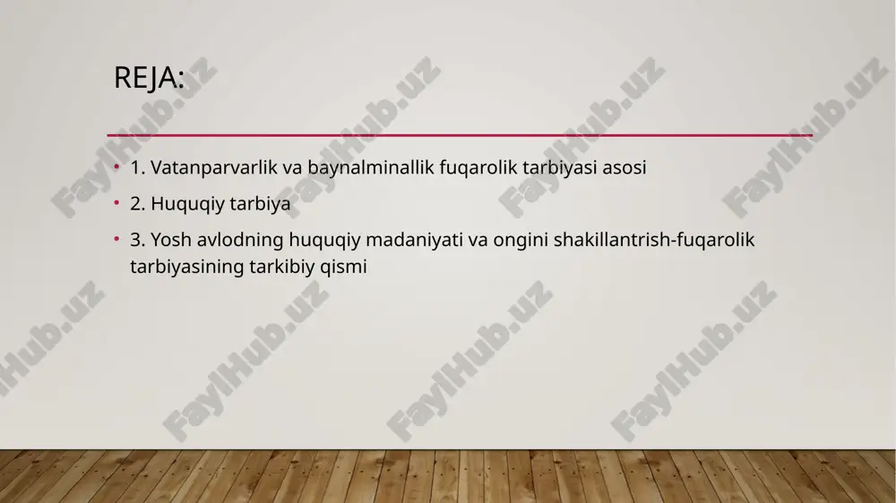 kamaytirish. madaniy aloqalar va o'zaro tushunish: baynalminallik tarbiyasi yoshlarni turli madaniyatlar, millatlar va xalqlar o'rtasida o'zaro hurmat va tushunishni rivojlantirishga chaqiradi. vatanparvarlik va baynalminallik fuqarolik tarbiyasining ahamiyati jamoaviy ruh va ijtimoiy ongni rivojlantirish: vatanparvarlik va baynalminallik fuqarolik tarbiyasi, o'zaro hurmat, bir-birini tushunish va global ijtimoiy mas'uliyatni rivojlantiradi. yoshlarning jamiyatga integratsiyasi: vatanparvar va global mas'uliyatli fuqarolarni tarbiyalash yoshlarni jamiyatga integratsiya qilish va o'zaro bag'rikenglikni yaratishga yordam beradi. ijtimoiy barqarorlik: milliy va global miqyosda ijtimoiy barqarorlikni saqlash va rivojlantirishda, tinchlikni va xavfsizlikni ta'minlashda ushbu tarbiya asosiy rol o'ynaydi. yoshlarni global dunyoga tayyorlash: bu jarayon yoshlarni dunyo miqyosida raqobatbardosh, mas'uliyatli va insonparvar fuqarolar qilib tarbiyalaydi. yosh avlodning huquqiy madaniyati va ongini shakllantirishning mohiyati huquqiy madaniyat va ong tushunchalari. huquqiy madaniyatning yoshlar uchun ahamiyati. huquqiy ongning shakllanishi va uning yosh avlodga ta'siri. fuqarolik ongining yoshlar ongida qanday namoyon bo'lishi. fuqarolik tarbiyasining ahamiyati va vazifalari fuqarolik tarbiyasi tushunchasi va uning asosiy maqsadlari. fuqarolik mas'uliyati va …