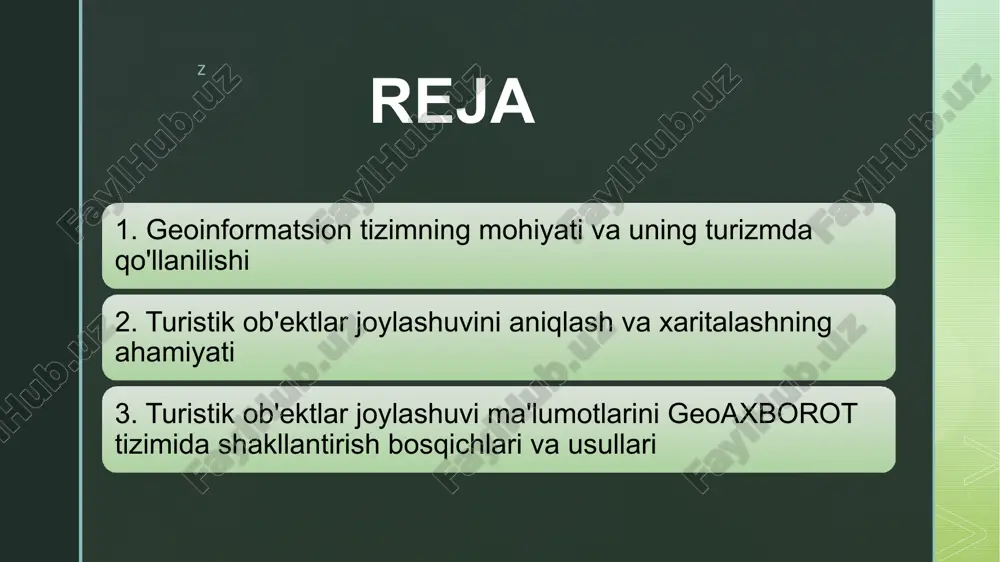 ual ko‘rinishda taqdim etish va boshqarish imkoniyati (masalan, sayyohlik xaritalari). turistik ob'ektlarni xaritalashning amaliy ahamiyati raqamli turistik yo‘nalish xaritalari: sayyohlar uchun yaratilgan interaktiv xaritalar tarixiy obyektlar, mehmonxonalar, restoranlar va transport yo‘nalishlari haqida batafsil ma'lumot beradi. masalan, samarqand shahridagi registon majmuasi, shohi zinda, ulug‘bek observatoriyasi kabi joylarning raqamli xaritasi sayyohlarga manzillar o‘rtasidagi masofani aniqlash va marshrutni rejalashtirish imkonini beradi. marketing va turizm targ‘iboti: raqamli xaritalar turistik kompaniyalar va mahalliy hokimiyat uchun turistik obyektlarni targ‘ib qilish vositasi hisoblanadi. mobil ilovalar orqali turistik joylar haqida vizual ma’lumot berish sayyohlar sonining oshishiga yordam beradi. turistik ob’ektlarning joylashuv ma'lumotlarini geoaxborot tizimida shakllantirish — turizm sohasida muhim ahamiyatga ega bo‘lib, ma'lumotlarni to‘plash, tahlil qilish va vizualizatsiya qilish orqali samaradorlikni oshiradi. ushbu jarayon bosqichma-bosqich amalga oshiriladi va har bir bosqichda zamonaviy texnologiyalardan foydalaniladi. ma’lumotlarning ishonchliligi va aniqligi turistik infratuzilma rivoji va turistik xizmatlar sifatining yaxshilanishiga xizmat qiladi. turistik ob’ektlar haqidagi ma’lumotlarni yig‘ish bosqichi jarayonning asosiy va muhim …