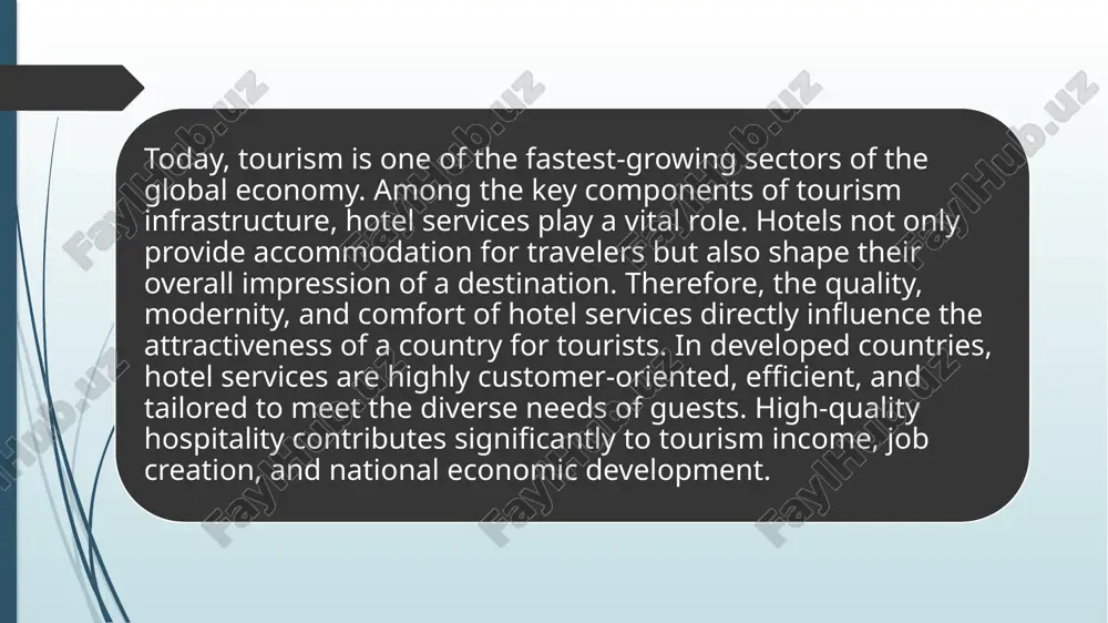 teness. innovations and digital solutions used abroad technological advancement plays a major role in modern hotel services abroad. many international hotel chains have successfully implemented the following innovations: smart rooms: automated lighting, climate control, voice-activated assistants (e.g., alexa for hospitality), and smart tvs. mobile integration: guests can use mobile apps for check-in/check-out, keyless room access, ordering room service, or requesting housekeeping. ai and chatbots: hotels use ai-powered chatbots for 24/7 customer service and booking assistance. data analytics: to personalize guest experiences and improve operational efficiency. eco-friendly technologies: solar panels, water-saving systems, and smart energy management for sustainability. foreign experience provides a valuable foundation for improving local hotel services. there are several opportunities to adapt these global practices: introduction of digital systems for booking, check-in/check-out, and customer feedback. use of smart technologies on a smaller scale to enhance guest comfort and convenience. adoption of customer-oriented service models, focusing on friendliness, personalization, …