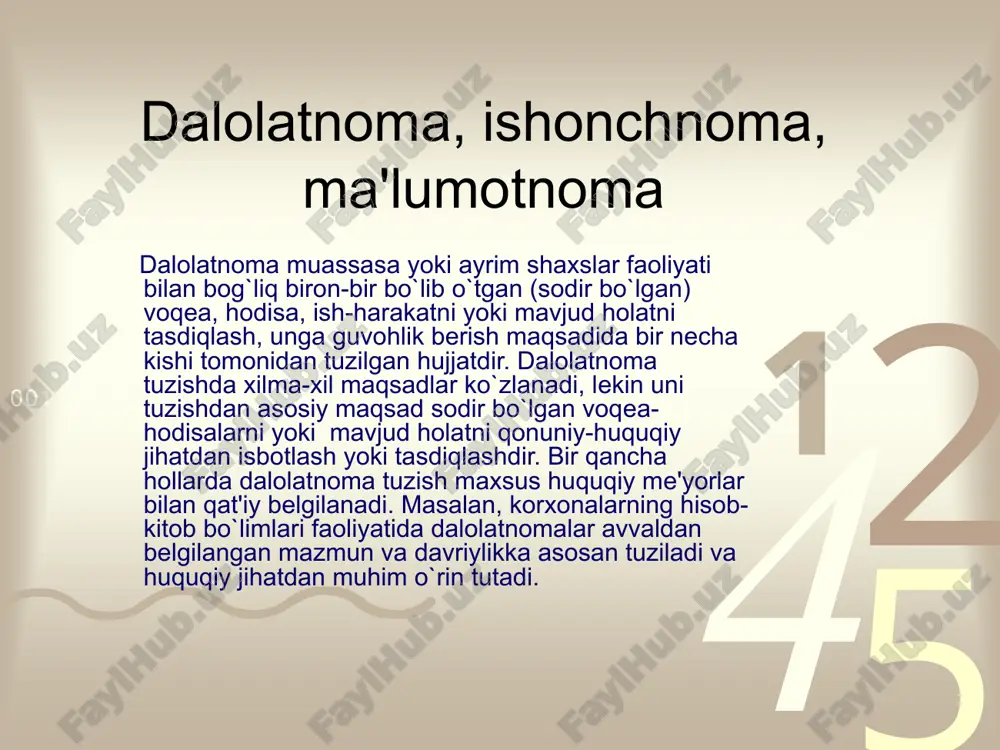 aning necha betligi ko`rsatiladi). 11. tuzgan va ishtirok etganlarning imzolari. 12. ijro haqidagi belgi. ma'lumot-axborot hujjatlari. bayonnoma bayonnoma turli yig`ilish, kengash va boshqa tur anjumanlarning borishini, majlis qatnashchilarining chiqishlari va ular qabul qilgan qarorlarni qayd qiluvchi rasmiy hujjatdir. u voqelikning o`rni, vaqti va holati haqida ma'lumot berish bilan birgalikda, qarorlarning to`g`ri qabul qilinganligini tekshirish va ularning bajarilishini nazorat qilishga imkon beradi. doimiy ish ko`ruvchi organlar (ilmiy kengash, hay'at va boshqalar), shuningdek, vaqtinchalik ish ko`ruvchi organlar (konferentsiyalar, yig`ilishlar, anjumanlar, komissiyalar) faoliyatida, albatta, bayonnoma yozilishi kerak. bayonnomani yozishni tashkil qilish kotibning asosiy vazifalaridan biridir. bayonnoma doimiy ish ko`ruvchi organlarning yig`ilishlarida doimiy kotiblari tomonidan tuziladi va rasmiylashtiriladi. vaqtinchalik ish ko`ruvchi organlar majlislarida esa yig`ilish jarayonida saylangan kotib aynan shu ishni bajaradi. bayonnomada o`z aksini topgan axborotlarning aniqligi uchun butun mas'uliyat va javobgarlik majlis raisi va kotibi zimmasiga yuklatiladi. bayonnoma yozib olinishiga ko`ra qisqa, to`liq, stenografik, fonografik shakllarda bo`lishi mumkin. qisqa bayonnomada faqatgina kun …