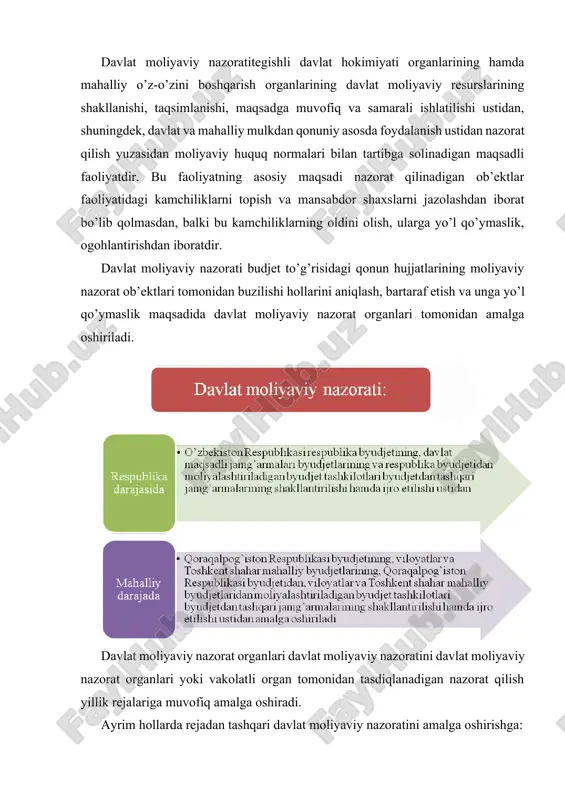 icha davlat moliyaviy nazorati berilgan vakolatlar doirasida davlat soliq xizmati organlari tomonidan amalga oshiriladi. bizga ma’lumki, umumdavlat moliyaviy nazorati butun mamlakat miqyosida tegishli vakolatlarga ega bo’lgan ixtisoslashgan davlat nazorat organlari tomonidan amalga oshiriladi. umumdavlat m oliyaviy nazorati quyidagi nazorat turlarini qamrab oladi: byudjet nazorati - valyuta nazorati - soliq nazorati - bojxona nazorati - pul muomalasi nazorati umumdavlat moliyaviy nazoratining asosini budjet nazorati tashkil qiladi. budjet nazoratibarcha darajadagi budjetlarning, davlatning budjetdan tashqari fondlarining shakllanishi, davlat moliyaviy resurslarining qonuniy va maqsadga muvofiq ishlatilishi ustidan nazoratni ta’minlaydi. nazoratning bu turini o’zbekiston respublikasi moliya vazirligi, uning qoshidagi nazorat-taftish boshqarmasi, moliya vazirligi g’aznachiligi kabi ixtisoslashgan operativ boshqarish va nazorat organlari amalga oshiradilar. ijtimoiy-iqtisodiy o’zgarishlar, ijtimoiy-siyosiy tangliklar va moliyaviyiqtisodiy inqirozlar sharoitida budjet nazoratining ahamiyati o’sib boradi va yangicha mazmun kasb etadi. budjet nazorati: · davlat moliyaviy nazoratining muhim qismi bo’lib, budjet jarayonida amalga oshiriladi; · bosh maqsadi - budjet munosabatlarining barcha ishtirokchilari tomonidan budjet qonunchiligiga …