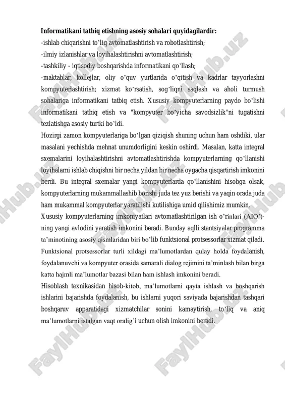yta ishlash va boshqarish ishlarini bajarishda foydalanish, bu ishlarni yuqori saviyada bajarishdan tashqari boshqaruv apparatidagi xizmatchilar sonini kamaytirish, to’liq va aniq ma’lumotlarni istalgan vaqt oralig’i uchun olish imkonini beradi. hozirgi zamon aloqa sistemalari kompyuterlarni istalgan uzoqlikdagi elektron ma’lumot manbalariga ulash imkonini beradi. bunga misol bo’lib, sun’iy yo’ldoshlar orqali bog’langan kosmik aloqa sistemasi hamda dunyoning 30 dan ortiq mamlakatidagi 1500 dan ortiq ilmiy markazlarni bog’lovchi xalqaro kompyuter tarmog’i xizmat qilishi mumkin. 1976 yilda frantsiyada videotex deb nomlangan milliy tarmoq yaratishga kirishildi. bu tarmoqdan foydalanish uchun har bir telefon apparati bor bo’lgan xonadan o’z xonadoniga terminalni o’rnatishi mumkin. bu terminal yordamida telefon tarmog’i orqali kerakli tashkilot nomerini terib, u yerdagi kompyuterdan foydalanib turli xil xizmatlarni, shu jumladan bank xizmatlarini ham olish mumkin. 1986 yilga kelib 2,5 million shunday terminallar o’rnatildi. shulardan bir qismi tekinga o’rnatildi. teletal nomli loyihaga binoan 2 ming xil xizmat ko’rsatish turi mavjud bo’lib, shulardan 30 xili bank xizmatlari …