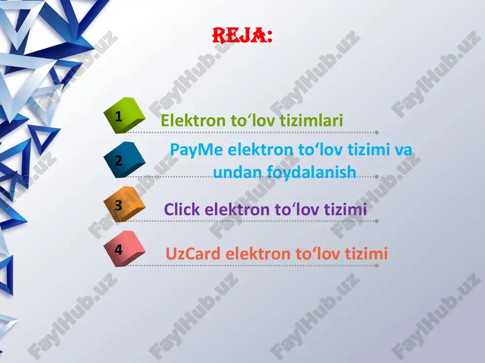 pul o‘tkazmalar tizimlari yordamida; mobil aloqa yordamida. payme elektron to‘lov tizimi va undan foydalanish • payme.uz uzcard toʻlov tizimida ishlovchi va ilk bor plastik kartadan plastik kartaga pul koʻchirish xizmatini taqdim qilgan toʻlov tizimi hisoblanadi. siz saytga kirishingiz bilan ajoyib dizayn va qulay servisga e’tibor berasiz. android va ios foydalanuvchilari uchun ham mobil ilovalar ishlab chiqilgan. payme to‘lov tizimining bir qancha imkoniyatlarini ko‘rish mumkin: click to‘lov tizimi. “click” tizimi – bu mobil banking tizimi boʻlib, jismoniy shaxslarga mobil telefon orqali (ussd\sms-portal yordamida) yoki internet orqali (web\web-mobile vositasida) uyali aloqa operatorlari, internet-provayderlar xizmatlari uchun toʻlovlarni amalga oshirish; boshqa jismoniy shaxslarga, savdo-servis korxonalariga (supermarket, restoran va kinoteatrlarda toʻlovlar) pul mablagʻlarini oʻtkazish; bevosita oʻz bank hisoblaridan internet-magazinlardan onlayn-xaridlarni amalga oshirish imkoniyatini beradi. “click” tizimining asosiy imkoniyatlari: ussd/sms/web – portal yordamida taqdim qilingan hisoblarni boshqarish; click tizimining boshqa foydalanuvchilariga pul mablagʻlarini oʻtkazish; hisobdan hisobga pul mablagʻlarini oʻtkazish; balansni doimiy ravishda ishchi holatda ushlab turuvchi …