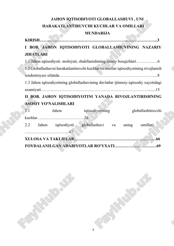 ar orasidagi iqtisodiy bog'lanishlarni kuchaytirmoqda. 3. xalqaro tashkilotlar. jahon savdo tashkiloti (wto), xalqaro valyuta fondi (imf) va jahon banki kabi tashkilotlar global savdo va iqtisodiy siyosatni ko'proq koordinatsiyalashda muhim rol o'ynaydi. 4. korporativ globalizatsiya. transmilliy korporatsiyalar o'z faoliyatlarini bir necha mamlakatlarda kengaytirib, ishlab chiqarish, savdo va xizmat ko'rsatish sohalarida xalqaro aloqalarni kuchaytirishadi. omillar 1. savdo to'siqlarini pasaytirish. tariflar va kvotalarni qisqartirish va erkin savdo bitimlarini tuzish xalqaro savdo hajmini oshirmoqda. 2. investitsiya muhiti. xorijiy investitsiyalar uchun qulay muhit yaratish, jumladan, soliq imtiyozlari va infratuzilma rivojlanishi global investitsiyalarni jalb qiladi. 3. moliyaviy integratsiya. global moliyaviy bozorlarda kapital oqimlarining erkinligi, shu jumladan, fond birjalari va xalqaro bank tizimlarining integratsiyasi iqtisodiy bog'lanishlarni oshiradi. 4. mehnat migratsiyasi. ishchi kuchi migratsiyasi, malakali kadrlar va mehnat resurslarining global bozorlar orasida erkin harakatlanishi iqtisodiy rivojlanishga hissa qo'shadi. 5. texnologiya transferi. texnologiya va bilimlarning mamlakatlar o'rtasida erkin oqishi, innovatsion jarayonlar va ishlab chiqarish samaradorligini oshiradi. natijalar - iqtisodiy …