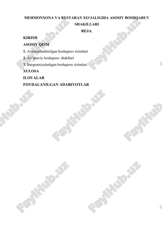 ynaydi. shu sababli, boshqaruv shakllarining yangilanishi va zamonaviylashtirilishi, mamlakatning umumiy iqtisodiy rivojlanish strategiyasining ajralmas qismi sifatida ko‘riladi. bundan tashqari, kirish qismida texnologik innovatsiyalar va avtomatlashtirilgan tizimlarning mehmonxona va restoran boshqaruvida qanday qo‘llanilishi, ularning foydalari va kutilayotgan natijalari haqida keng qamrovli tahlil beriladi. axborot texnologiyalari yordamida joriy etilayotgan zamonaviy boshqaruv modellarining misollarini keltirish, raqamli transformatsiyaning sohadagi ahamiyatini yoritib, kelgusida bu yo‘nalishda yuzaga kelishi mumkin bo‘lgan yangi imkoniyatlar va istiqbollar haqida fikr yuritiladi. shuningdek, kirish qismida boshqaruvning an’anaviy shakllari va yangi avtomatlashtirilgan tizimlar o‘rtasidagi farqlar, ularning afzalliklari va kamchiliklari ham solishtiriladi. bu solishtirma nafaqat sohaning mavjud vaziyatini yoritishga, balki kelgusida yanada samarali boshqaruv tizimlarini joriy etish uchun asosiy yo‘nalishlarni belgilashga xizmat qiladi. umuman olganda, kirish qismi mehmonxona va restoran xôjaligida zamonaviy boshqaruv shakllarining ahamiyati, ularning rivojlanish zarurati va sohaning umumiy istiqboli bilan bog‘liq muammolarni chuqur tahlil qilish orqali, maqolaning keyingi qismlarida batafsil yoritiladigan masalalarga mustahkam nazariy asos yaratadi. avtomatlashtirilgan boshqaruv tizimlari mehmonxona …