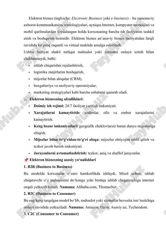 yoki sotadi. namuna: olx.uz, ebay, avito. 4. c2b (consumer to business) bu kamroq uchraydigan model bo‘lib, unda mijozlar o‘z xizmatlarini korxonalarga taklif qilishadi. masalan, frilanserlar dizayn, tarjima, reklama xizmatlarini taklif qiladi. namuna: freelancer.com, upwork. 5. g2c (government to citizen) bu yo‘nalishda davlat muassasalari fuqarolarga onlayn xizmatlar ko‘rsatadi. namuna: my.gov.uz – o‘zbekiston davlat xizmatlari portali. 📊 elektron biznes faoliyatining tarkibiy qismlari: 1. elektron savdo – internet do‘konlar, to‘lov tizimlari. 2. elektron marketing – raqamli reklama, ijtimoiy tarmoqlarda marketing. 3. elektron xizmatlar – masofaviy xizmat ko‘rsatish (masalan, onlayn maslahat, texnik xizmat). 4. elektron hujjat aylanishi – buyurtmalar, shartnomalar, hisob-fakturalarni raqamli shaklda yuritish. elektron biznes zamonaviy korxonalar uchun muqarrar ehtiyojga aylanmoqda. u orqali korxonalar vaqt va resurslarni tejab, raqobatda ustunlikka ega bo‘ladilar. raqamli texnologiyalar yordamida biznes jarayonlarini avtomatlashtirish, mijozlar bilan bevosita aloqada bo‘lish va yangi bozorlarni zabt etish imkoniyatlari ortadi. elektron biznes – bu zamonaviy iqtisodiyotning asosiy harakatlantiruvchi kuchidir. 🔍 elektron biznes: taraqqiyot …