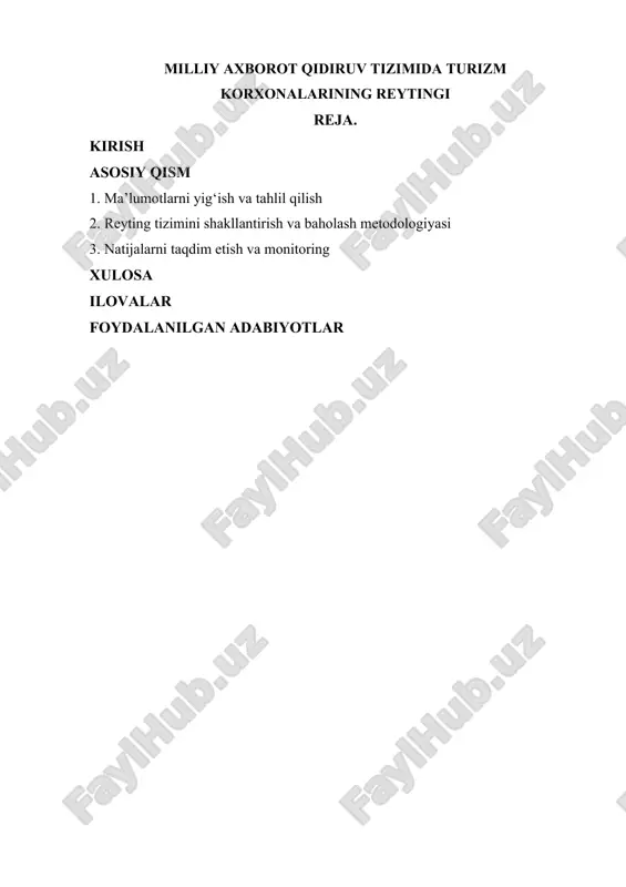 tinglar, turizm korxonalarining bozor raqobatida ustunlikni qo‘lga kiritish, xizmat sifatini oshirish va kelajak strategiyalarini belgilashda muhim manba hisoblanadi. axborot qidiruv tizimlari yordamida olingan ma’lumotlar, foydalanuvchilarga ishonchli va yangilangan axborot taqdim etish bilan birga, davlat va xususiy sektor vakillariga qaror qabul qilishda asos bo‘lib xizmat qiladi. umuman olganda, kirish qismi turizm korxonalarining reyting tizimini shakllantirishning dolzarbligi, uning ijtimoiy-iqtisodiy ahamiyati va raqamli texnologiyalar yordamida yaratilgan aniq tahlil natijalari asosida yanada mustahkam poydevor yaratadi. bu esa keyingi bo‘limlarda batafsil yoritilishi kutilayotgan metodologik, texnologik va strategik jihatlarni tushunishga yordam beradi. ushbu bo‘lim turizm korxonalarining reyting tizimini shakllantirish jarayonining asosi bo‘lib, u orqali to‘plangan ma’lumotlar keyingi strategik qarorlar uchun ishonchli asos yaratadi. quyidagi kengaytirilgan jihatlar ushbu jarayonning chuqurroq tafsilotlarini ifodalaydi. davlat idoralari, turizm agentliklari va statistika markazlari tomonidan tayyorlangan hisobotlar, rasmiy ro‘yxatlar va litsenziya ma’lumotlari orqali korxonalarning faoliyati, xizmat ko‘rsatish darajasi va mijozlar oqimi haqida ishonchli ma’lumotlar olinadi. ushbu ma’lumotlar turizm sohasidagi standartlar va me’yoriy …