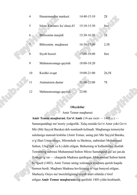 an. markaziy osiyo meʼmorchiligining noyob asari sifatida eʼtirof etilgan amir temur maqbarasining qurilishi 1403-yilda boshlanib, 1424-yilda tugatilgan. maqbara amir temurning taxt vorisi, deb eʼlon qilingan nabirasi muhammad sulton uchun qurdirilgan. muhammad sulton 1403-yilda kichik osiyoga qilgan safari vaqtida, 29 yoshida bevaqt vafot etadi. shahzoda samarqandga keltirilib, dastlab masjidning xonaqosida dafn qilinadi. https://meros.uz/uploads/wonder/wonder//cefe2305d6aaecce2113a3ff1f8c2b99.jpg registon ansambli 1. registon ansambli-samarqandning registon maydonida 3ta madrasa:ulug`bek madrasasi,tillakori madrasasi,sherdor madrasasidan iborat me’moriy majmua hisoblanadi.registon ansambli o`zining rang- barang koshinkor bezaklari,naqshinkor peshtoqlari, ulkan gumbazlari bilan o`rta osiyo me’morchiligining noyob yodgorligi hisoblanadi.ulug`bek rasadxonasi 1417-1420-yillarda mirzo ulug`bek tomonidan qurilgan. 1619-1636- yillarda sherdor madrasasi, 1646-1660-yillarda tillakori madrasa masjidi samarqand hokimi yalangto`shbiy bahodir buyrug`i bilan qurilgan.ulug`bek madrasasi registon maydonining g`arbiy qismida qurilgan.sherdor madrasasi ulu`g`bek madrasasi qarshisidagi maydonning sharqiy qismida 1424-yilda barpo etilgan ulug`bek xonaqohi o`rnida qurilgan.tillakori madrasasi maydonning shimoliy qismida sherdor madrasasidan o`n yil o`tib qad rostlagan. hunarmandlar markazi 2010 yilda samarqand shahrida tashkil etilgan “hunarmandlar markazi” usta-hunarmandlar uchun eng yaxshi …