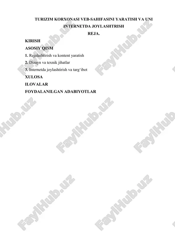 ar bir bosqichda aniq vazifalar va maqsadlar belgilangan. quyida ushbu bosqichlar haqida batafsil ma'lumot berilgan. veb-sahifani yaratishdan oldin, uning asosiy maqsadlarini va kimga mo'ljallanganligini aniqlash juda muhimdir. bu bosqichda quyidagi larga javob berish kerak. · veb-sahifaning asosiy maqsadi nima? (masalan, mijozlarni jalb qilish, xizmatlar haqida ma'lumot berish, onlayn buyurtmalarni qabul qilish) · veb-sahifa kimlarga mo'ljallangan? (masalan, mahalliy sayyohlar, xalqaro sayyohlar, biznes sayohatchilar) · mijozlar qanday xizmatlarni qidiradilar va ularning ehtiyojlari qanday? veb-sahifangiz uchun oson esda qolarli va brendingizga mos keladigan domen nomini tanlang. domen nomini tanlashda quyidagilarni e'tiborga oling. · domen nomi qisqa va esda qolarli bo'lishi kerak. · brendingiz nomi yoki asosiy xizmatlaringizni aks ettirishi kerak. · domen nomi oson yozilishi va talaffuz qilinishi kerak. shuningdek, ishonchli va tezkor hosting xizmatini tanlash ham muhimdir. hosting xizmatini tanlashda quyidagi omillarni hisobga oling. · tezlik va ishonchlilik. veb-sahifangiz tezkor yuklanishi va doimiy ravishda faol bo'lishi kerak. · qo'llab-quvvatlash xizmati. hosting provayderi …
