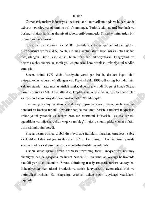 arini avtomatlashtirish va optimallashtirishdir. bu maqsadga erishish uchun tizim quyidagi vazifalarni bajaradi: aviachiptalarni real vaqt rejimida bronlash va sotish: turli aviakompaniyalarning parvozlari haqida ma'lumot berish bo'sh o'rinlarni ko'rsatish va bronlash tariflarni taqqoslash va eng maqbul variantni tanlash chiptalarni rasmiylashtirish va to'lovni amalga oshirish mehmonxona xonalarini bronlash imkoniyatini taqdim etish: turli mehmonxonalar va ularning xonalari haqida ma'lumot berish xonalarning mavjudligi va narxlarini ko'rsatish tanlangan sanalar uchun xonalarni bronlash maxsus talablar va qo'shimcha xizmatlarni kiritish temir yo'l chiptalarini bronlash xizmatini ko'rsatish: temir yo'l marshrutlari va jadvallari haqida ma'lumot berish bo'sh o'rinlarni ko'rsatish va bronlash turli klasslar va xizmatlar bo'yicha tariflarni taqqoslash chiptalarni rasmiylashtirish va to'lovni amalga oshirish turli xizmatlar bo'yicha narxlarni taqqoslash imkoniyatini yaratish: bir nechta aviakompaniya, mehmonxona yoki transport kompaniyasi tariflarini bir vaqtda ko'rsatish narx, vaqt, yo'nalish va boshqa parametrlar bo'yicha filtrlash eng maqbul variantni tanlashda yordam berish turistik agentliklar va mijozlar o'rtasida samarali aloqani ta'minlash: agentliklar uchun mijozlar bilan ishlash …