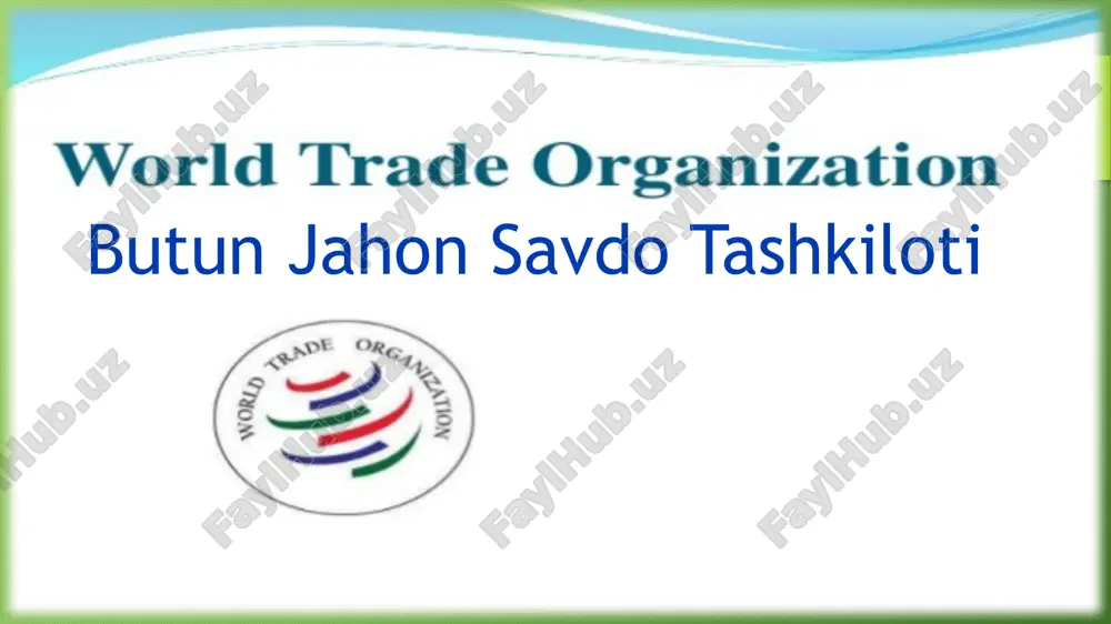 o mamlakatlar olgan majburiyatlar tufayli barqaror tashqi savdo muhitining qaror topishi maqsadida tegishli chora-tadbirlar ishlab chiqish imkoniyatining yaratilishi tashqi savdo hajmining ortishi va iste’molchilar ehtiyojining samarali qondirilishi tashqi savdo nizolarini samarali hal etish imkoniyati 5 ko‘ptomonlama savdo tizimiga ta’sir o‘tkazish imkoniyatiga ega bo‘lish respublikamiz eksporti va importining tovar hamda geografik tarkibini takomillashtirish orqali raqobatbardoshlikni oshirish qator vazifalarning amalga oshirilishini taqozo etadi. eksport qiluvchi korxonalarga mahsulot tayyorlash va sotish xarajatlarini kamaytirishda ko‘maklashish ularni tashqi bozor konyunkturasidagi o‘zgarishlar, istiqbolli bozorlar, raqobatchilar to‘g‘risida olib borilgan tadqiqotlar natijalari bilan tanishtirish transport-kommunikatsiya tizimlarini rivojlantirish yangi transport yo‘laklarini ochish orqali transport xarajatlarini kamaytirish xulosa xulosa qilib aytish mumkinki, eksport hajmini oshirish, uning tarkibini takomillashtirish, umuman, tashqi savdo aylanmasini diversifikatsiya qilish iqtisodiyotimiz tarkibiy tuzilishida sifat o‘zgarishlariga erishish, uning raqobatbardoshligini oshirish orqali iqtisodiy o‘sishni ta’minlash va aholi turmush farovonligini yanada ko‘tarish maqsadlariga xizmat qiladi e’tiboringiz uchun rahmat image3.png image4.jpg image5.jpg image6.jpg image7.jpg image8.jpg image9.jpg image10.jpg image1.png /docprops/thumbnail.jpeg