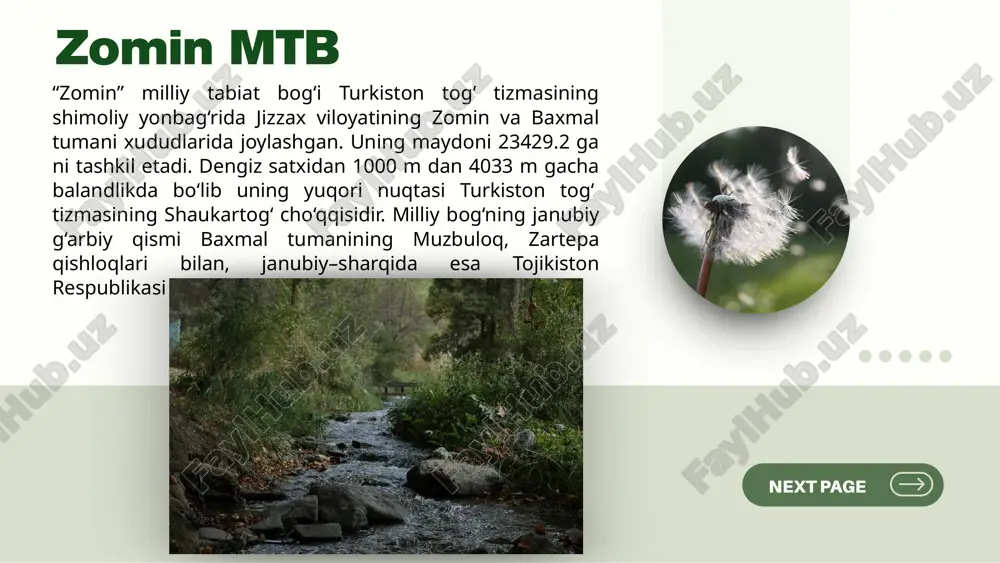 asida ko‘ksuv tizmasi joylashgan. g‘arbiy tiyonshon hududi murakkab relyefga ega bo‘lib, unda chuqur tog‘ oralig‘idagi vodiylar joylashgan. florasi: tabiat bog‘i hududida 1787 ta o‘simlik turlari mavjud bo‘lib, shundan 66 xili o‘zbekiston respublikasi «qizil kitobi»ga kiritilgan. shu jumladan, 8 xil lola turlari, o‘rta osiyo noki, pskom piyozi, abolin astragali, eremuruslar, boshqizilsoy gerani, minkvis teziumi, yovvoyi sallagul va boshqa turlari o‘sadi. bundan tashqari bir qancha noyob o‘simliklar ham mavjud. faunasi: hayvonot dunyosi bo‘yicha 230 ga yaqin turlari yashaydi, shundan 46 turi o‘zbekiston va xalqaro «qizil kitob»lariga kiritilgan, shu jumladan: qor qoploni, tyan-shan qo‘ng‘ir ayig‘i, menzbira sug‘uri, turkiston silovsini, kichik takaburun, lochinlar, qumoy, chotqol shaytonbalig‘i, turkiston laqqachasi, ko‘lja arvox kapalagi va boshqalar. zarafshon mtb zarafshon (qo‘riqxonasi) milliy tabiat bog‘i 1975 yilda tashkil etilgan. tabiat bog‘i samarqand viloyatining jomboy va bulung‘ur tumanlari hududida, zarafshon daryosining o‘ng qirg‘og‘i bo‘ylab 47 km uzunlikda joylashgan. tabiat bog‘ining asosiy maqsadi alohida ekologik, madaniy va estetik qimmatga ega bo‘lgan …