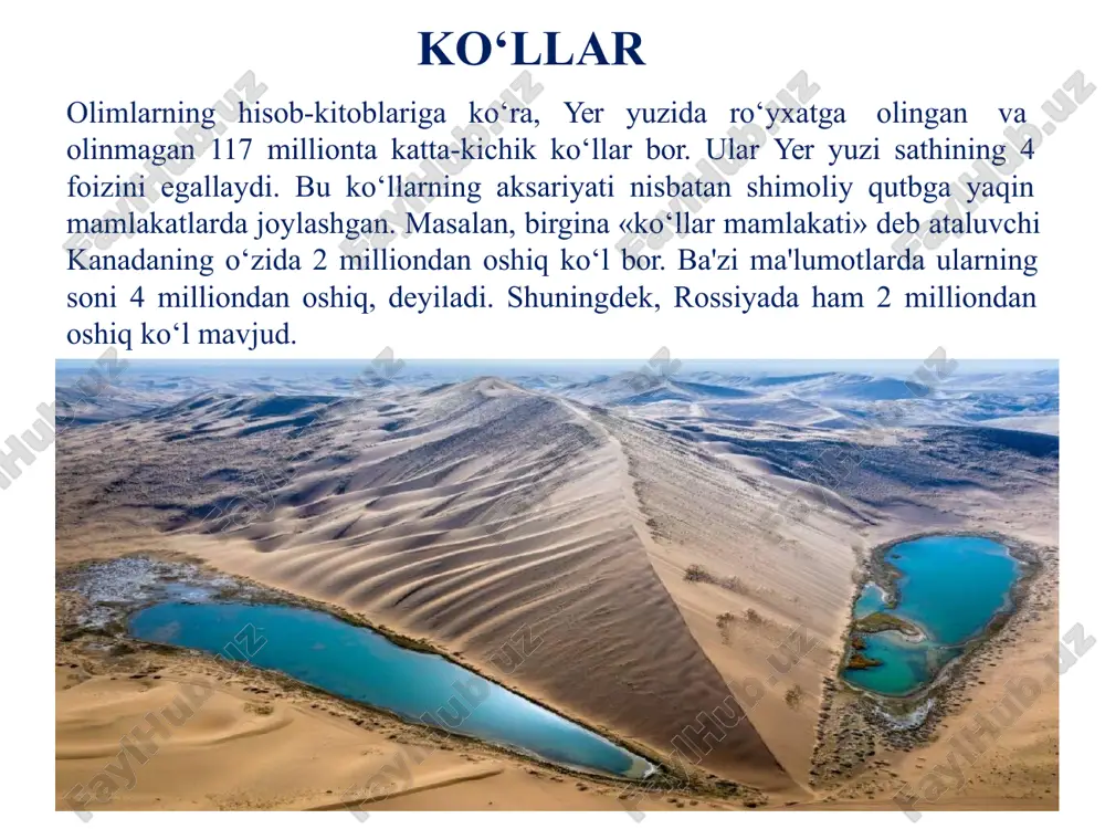 tnovi toʻxtatilgan. orol dengizi va atrofining gidrografiyasi va iqlimi sharoiti o‘tgan asrning 60-yillarigacha orol dengizi maydoni orollari bilan o‘rtacha 68,0 ming km2 ni tashkil etgan. kattaligi jihatidan dunyoda (kaspiy dengizi, amerikadagi yuqori ko‘l va afrikadagi viktoriya ko‘lidan keyin) to‘rtinchi, yevro osiyo mate-rigida (kaspiydan keyin) ikkinchi o‘rinda edi. dengiz shimoliy-sharqdan janubi-g‘arbga cho‘zilgan, uzunligi 428 km, eng keng joyi 235 km bo‘lgan. havzasining maydoni 690 ming km2, suvining hajmi 1000 km3, o‘rtacha chuqurligi 16,5 m atrofida o‘zgarib turgan. havzasining maydoni 690 ming km2 maydoni orollari bilan o‘rtacha 68,0 ming km2 uzunligi 428 km eng keng joyi 235 km suvining hajmi 1000 km3 o‘tgan asrning 60-yillarigacha orol dengizi 60-yillargacha yiliga amudaryo orol dengiziga 38,6 km3, sirdaryo esa 14,5 km3 suv suv balansida muhim o‘rin olib borgan. yog‘inlar ham egallagan. akvatoriyasiga yiliga mm yog‘in yog‘adi. dengiz 82—176 atrofdan dengizga yiliga 5,5 km3 yer osti suvlari qo‘shilib turgan. dengiz cho‘l zonasida joylashganidan uning yuzasidan har …
