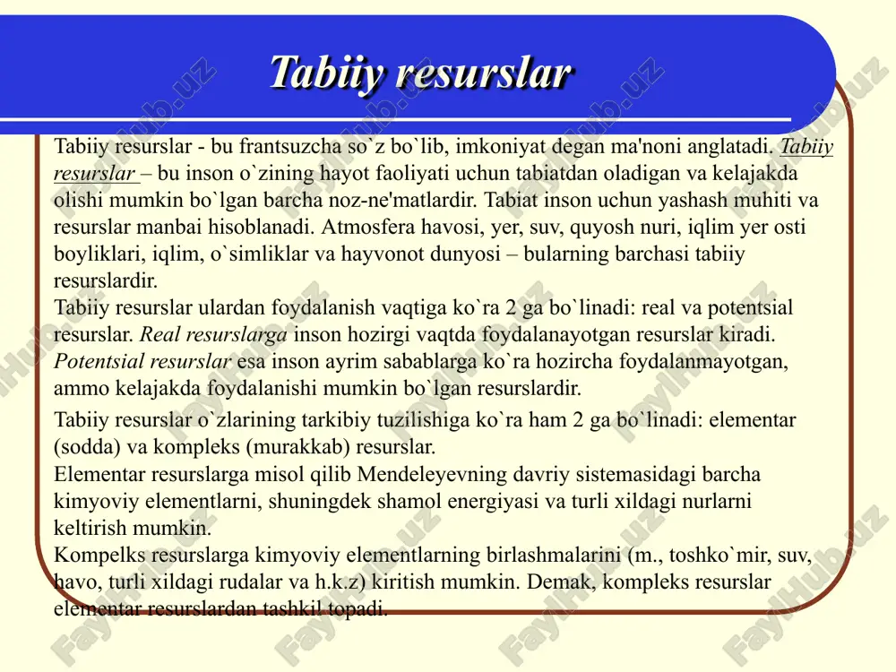 va cheksizligiga ko`ra 2 guruhga bo`linadi: tugaydigan va tugamaydigan resurslar. 1.tugaydigan resurslar 2 xil bo`ladi: a)tiklanadigan resurslarga - bularga tuproq, hayvonot va o`simliklar olami misol bo`ladi. agar biror sababga ko`ra bu resurslarga nisbatan ma'lum vaqt noto`g`ri munosabatda bo`linsa ular zaiflashib va kamayib qoladi, keyinchalik to`g`ri munosabatda bo`linganida ular son va sifat jihatidan qayta tiklanishi mumkin.tiklanish tezligi turli resurslarda turlicha bo`ladi. masalan, agar kesib tashlangan o`rmonni qayta tiklash 60-80 yilni talab qilsa, unumdorligi yo`qolib, kuchli zaharlangan yerning tuprog`ini tiklash yuzlab, minglab yillarni talab qiladi. ehtiyotsizlik qilinganda tiklanadigan resurslar tiklanmaydigan resursga aylanishi mumkin. va kompleks elementar resurslar tushunchasini jonli tabiatga nisbatan ham qo`llash mumkin. bu o`rinda elementar resurslarga misol qilib ma'lum bir maydondagi o`simlik yoki hayvon populyatsiyasini olish mumkin. shu maydondagi biotsenozni esa kompleks resurs deyish mumkin. tabiiy resurslar o`zlarining chekli va cheksizligiga ko`ra 2 guruhga bo`linadi: tugaydigan va tugamaydigan resurslar. tabiiy resurslarning klassifikatsiyasi tabiiy resurslar tabiiy resurslar klassifilatsiyasi b)tiklanmaydigan resurslarga qazilma …