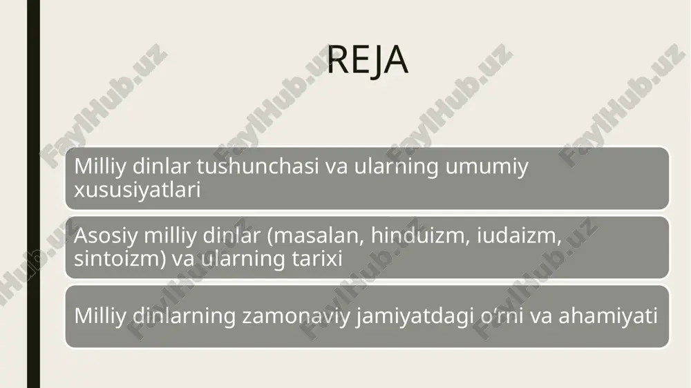 avrot (torah) asosiy muqaddas kitob hisoblanadi. yahudiylarning diniy qonunlari hayotning barcha jabhalarini qamrab oladi. 3. sintoizm yaponiyada miloddan avvalgi i ming yillikda vujudga kelgan. tabiat ruhlariga (kami), ajdodlarga e’tiqod qilinadi. rasmiy muqaddas matn yo‘q, asosan marosimlar, an’analar va ibodatxonalar orqali saqlanib qolgan. yaponiya imperatorlari ham sintoizmga asoslangan ilohiy martabaga ega deb qaralgan. 4. zardushtiylik qadimiy eron (forslar)da miloddan avvalgi vi–vii asrlarda paydo bo‘lgan. ahura mazda bosh xudo sifatida e’zozlanadi. yaxshi va yomon kuchlar kurashi asosiy g‘oya. avesta muqaddas matni sifatida qabul qilinadi. bugungi globallashuv davrida ham milliy dinlar o‘z ahamiyatini yo‘qotmagan, balki ko‘plab jamiyatlarda muhim ijtimoiy va madaniy rol o‘ynab kelmoqda. milliy dinlarning zamonaviy jamiyatdagi o‘rni: ✅ milliy madaniyatni saqlash vositasi — milliy dinlar qadimiy urf-odatlar, an’anaviy bayramlar va marosimlarni saqlab qolish orqali milliy o‘zlikni asraydi. masalan, hinduizmda diwali, sintoizmda matsuri bayramlari, yahudiylikda pesax (passover) kabi. ✅ jamiyatda axloqiy qadriyatlarni mustahkamlash — dinlar odob-axloq me’yorlari, oilaviy qadriyatlar va insonlar o‘rtasidagi …