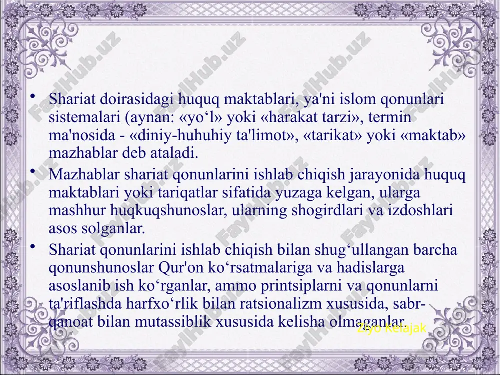 riat bilan kelishtirib qo‘llanishni joriy etgan huquqshunoslikdan oqilona foydalanish unsurlarini kiritgan. abu hanifa fiqhning asoschisi, ilohiyot mutaxassisi bo‘lgan. hanafiya mazhabi sunniylik yo‘nalishiga mansub bo‘lgan musulmonlarning uchdan bir qismini o‘z ichiga oladi. ziyo kelajak molikiya mazhabining asoschisi malik ibn onas abu abdulloh (721-795). islom diniy huquq sistemasini ishlab chiqishda konservativ mavqeda turgan. payg‘ambarimiz muhammad s.a.v. davridagi an'analarni yoqlab chiqqan, ya'ni “ashob al-hadis ” (hadis tarafdorlari) oqimining namoyandasi bo‘lgan. bu mazhab tarafdorlari huquq masalalarida ratsionalistik metodga, ya'ni qur'on va hadislarni aqlga asoslangan holda talqin qilishga qarshi chiqqan. dastlab hijoz va madinada, keyin boshqa mamlakatlarda tarqalgan. hozirgi davrda molikiya mazhabi tunis, jazoir, marokash, liviya va ayrim boshqa mamlakatlarda musulmonlar o‘rtasida ta'sirga ega. ziyo kelajak ziyo kelajak www.arxiv.uz shofiya mazhabining asoschisi abu abdulloh muhammad ibn idris ash-shofi'iy (767-820). makkada yashagan, hadislar va fiqhni o‘rgangan, yamanda qozilik lavozimini egallagan. ali avlodlari bilan yaqinlashganligi uchun 803 yilda qamoqqa olingan. avf etilganidan so‘ng misrga ketib, malik ibn …