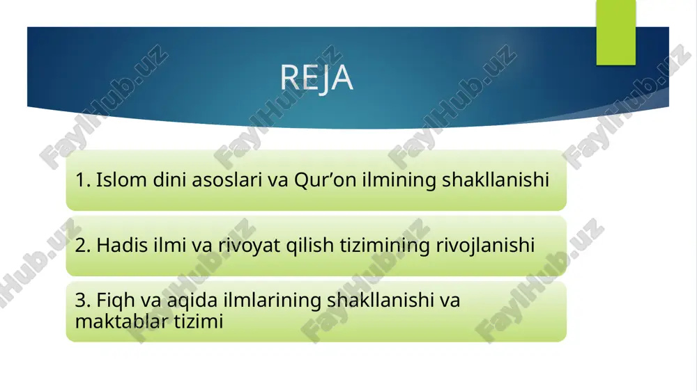 momlar davri) hadis — bu payg‘ambar muhammad (s.a.v.) ning so‘zlari, amallari, tasdiqlari va fe’llari bo‘lib, qurʼondan keyingi ikkinchi manba hisoblanadi. payg‘ambar (s.a.v.) hayotlik chog‘larida sahobalar hadislarni asosan yodlab olgan va ba’zilarini yozib ham borgan. rasululloh (s.a.v.) ba’zi hollarda hadis yozishga ruxsat bergan, ba’zan qurʼon bilan aralashib ketmasin deb cheklov ham qo‘ygan. payg‘ambardan keyingi davrda tobeinlar — sahobalarni ko‘rgan va ulardan ilm olgan shaxslar — hadislarni yig‘ishda faol bo‘lishgan. keyinchalik, hadis to‘plash va tasniflash ishlari imom malik, imom ahmad ibn hanbal, imom buxoriy, imom muslim kabi buyuk muhaddislar tomonidan yuqori darajaga ko‘tarildi. hadis ilmining qoidalari va ishonchlilik mezonlari sahih (ishonchlihadislar sanaddagi har bir roviyning ishonchliligi, xotirasi, adolati, yolg‘on gapirmasligi alohida o‘rganilgan. (mazmun) asosida tekshirgan. matn (roviylar zanjiri) va sanadmuhaddislar hadislarni – hadislarni o‘rganish, baholash va tasniflash usullari ham rivojlandi. ilm al-hadithhadis ilmining shakllanishi bilan birga , hasan (o‘rtacha) va zaif (zaif) kabi toifalarga ajratilgan. eng ishonchli hadislar "sahih" deb e’tirof etilgan …