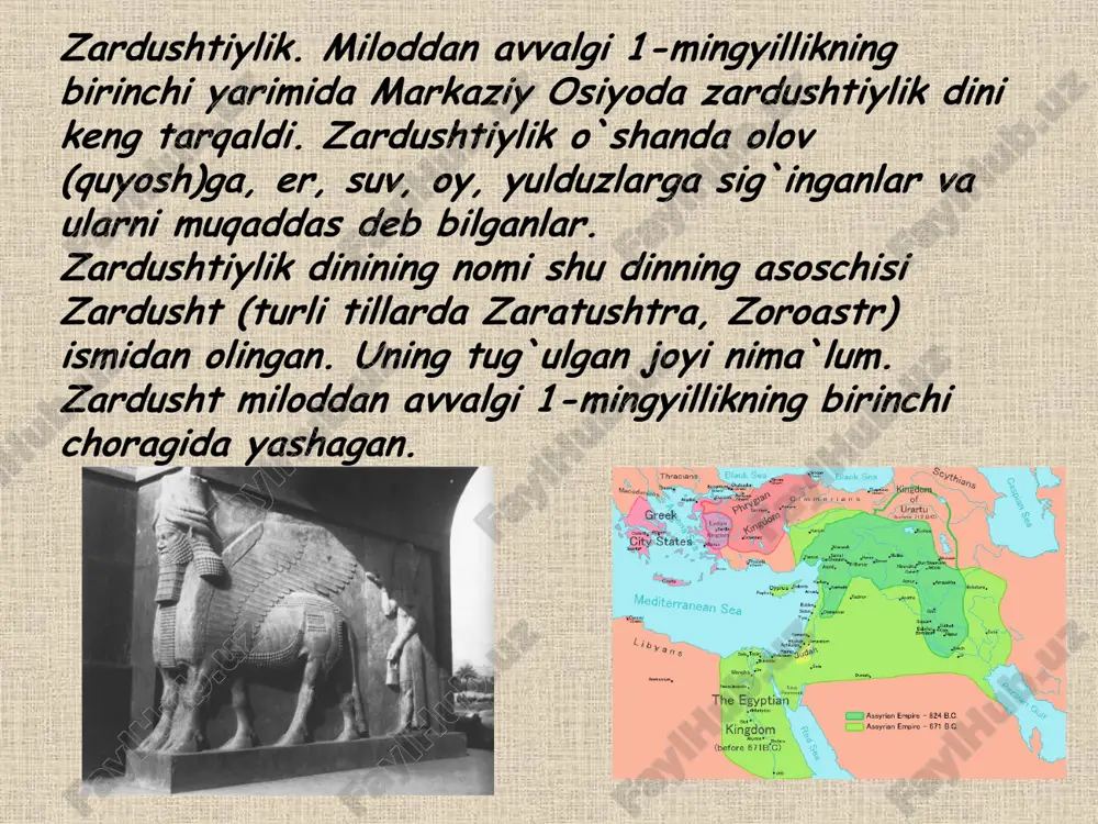 larni maxsus idish "ossuariy"-"suyakdon, ostadon" larda saqlanganlar. ular nous deb ataluvchi maxsus binolarga qo`yiladi. zardushtiylik dini diniy marosimlar ibodatxonalar, ochiq maydonlar va dindorlarning uylarida o'tkazilgan. zardushtiylik vujudga kelgan dastlabki davrlarda ommaviy diniy marosimlar ochiq maydonlarda va dindorlarning uylarida o'tkazilgan. dastlab ibodatxonalarning qurilishi ahmoniylar imperiyasi davridan boshlangan. ibodatxonalar «olov uylari» deb atalgan. ularning rejasi bir xil bo'lib, tosh yoki paxsadan qurilgan. binoning ichki va tashqi qismidagi devorlari suvoqlangan. binolarda qimmatbaho bezaklarning yo'qligi sababli ko'rinishi boshqa jamoat binolaridan deyarli farqlanmagan. ibodatxonaning markazida doimo olov yonib turadigan hujra bo'lgan. ahmoniylar davrigacha zardushtiylikda xudolarning tasviri aks ettirilmagan. zardushtiylik ayollarning erkaklar bilan teng huquqligini mustahkamlagan. zardushtiylikka e'tiqod qiluvchilar juda ko'p diniy marosimlarni bajarishgan. diniy marosimlarga esa kohinlar rahbarlik qilgan. marosimlarning ko'pligi kohinlarning moddiy jihatdan muhtojlikni bilmay yashashlariga imkon bergan. kohinlarning jamiyatdagi mavqei juda baland bo'lib, ular alohida tabaqani tashkil etgan. shuning uchun kohinlik otadan farzandga meros bo'lib o'tgan. kohin o'z farzandini yoshligidan bo'lg'usi kasbga tayyorlab …