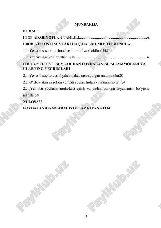 di. mazkur mavzuni chuqur o‘rganish kelajakda suv ta’minoti barqarorligini ta’minlash va ekologik xavfsizlikni saqlashda muhim ahamiyatga ega. kurs ishi mavzusining maqsadlari: mazkur kurs ishining asosiy maqsadi – yer osti suvlarining tabiiy shakllanishi, ularning ahamiyati, ulardan foydalanish jarayonida yuzaga kelayotgan muammolar va ularni bartaraf etish yo‘llarini tizimli ravishda o‘rganishdan iborat. bu mavzu doirasida suv resurslaridan oqilona va barqaror foydalanish masalalariga ilmiy yondashuv asosida baho beriladi. bundan tashqari, kurs ishi davomida: · yer osti suvlarining gidrogeologik xususiyatlarini o‘rganish; · suv resurslarining ekologik va iqtisodiy ahamiyatini aniqlash; · hududiy miqyosda resurslardan foydalanish samaradorligini baholash; · davlat va jamoat boshqaruv tizimlarining suv resurslari bo‘yicha olib borayotgan siyosatini tahlil qilish kabi maqsadlar ham ko‘zda tutiladi. kurs ishi mavzusining vazifalari: kurs ishining oldiga qo‘yilgan asosiy maqsadlardan kelib chiqib, quyidagi vazifalarni bajarish belgilab olingan: 1. yer osti suvlariga oid nazariy asoslarni o‘rganish – ularning shakllanishi, tasnifi, tarqalish xususiyatlari va tabiiy manbalarini tahlil qilish. 2. yer osti suvlarining …