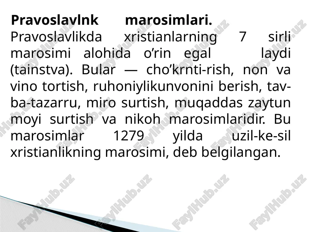lar ekanlar, bu bilan ular iususning tanasi va qonini tatib ko’rdik, binobarin, endi xudoga yaqinroq va qondoshroq bo’ldik, deb hisoblaydilar. bu marosim ertalabki yoki tupji ibodatda asosiy o’rin egallaydi. ruhoniylik unvonini berish marosimi (svyashenstvo) — bu, ruhoniylik martabasiga ko’tarilish bilan bog’liq maro-simdir. diniy ta’limotga ko’ra, ruhoniy bo’ladigan shaxs-ning boshiga yepiskop qo’l tekkizgandan keyin, go’yo u "mu-qaddas ruh"ning alohida marhamati bilan xudo va odamlar o’rtasida vositachilik xususiyatiga ega bo’ladi. ruhoniy un-voni uch daraja (dyakon, presviter va yepiskop)ga ega. tavba-tazarru qilish marosimi — xristianliqda pushay-mon bo’lish marosimidir. tavba qiluvchi shaxs maxsus jihrz-langan cherkov ibodatxonalariga boradi. u tavba qiladi, ya’ni ruhoniyga o’zining hamma gunoxlarini oqizmay-tomizmay so’zlab beradi. buzuq niyatlari va shubhalarini aytadi. ru-honiy dindorga nasihat qilib, uni to’g’ri yo’lga soladi va muqaddas ruhning kuchi bilan uni gunohlardan pok qiladi. miro surtish marosimi (miropomazanie) — cho’qintirish marosimi bilan bevosita bog’likdir. cherkovlarda chaqaloq-lar cho’qintirilgandan keyin, ularga xushbo’y yog’ (miro) surtiladi. shunday qilinganda, inson ilohiy muruvvatga …