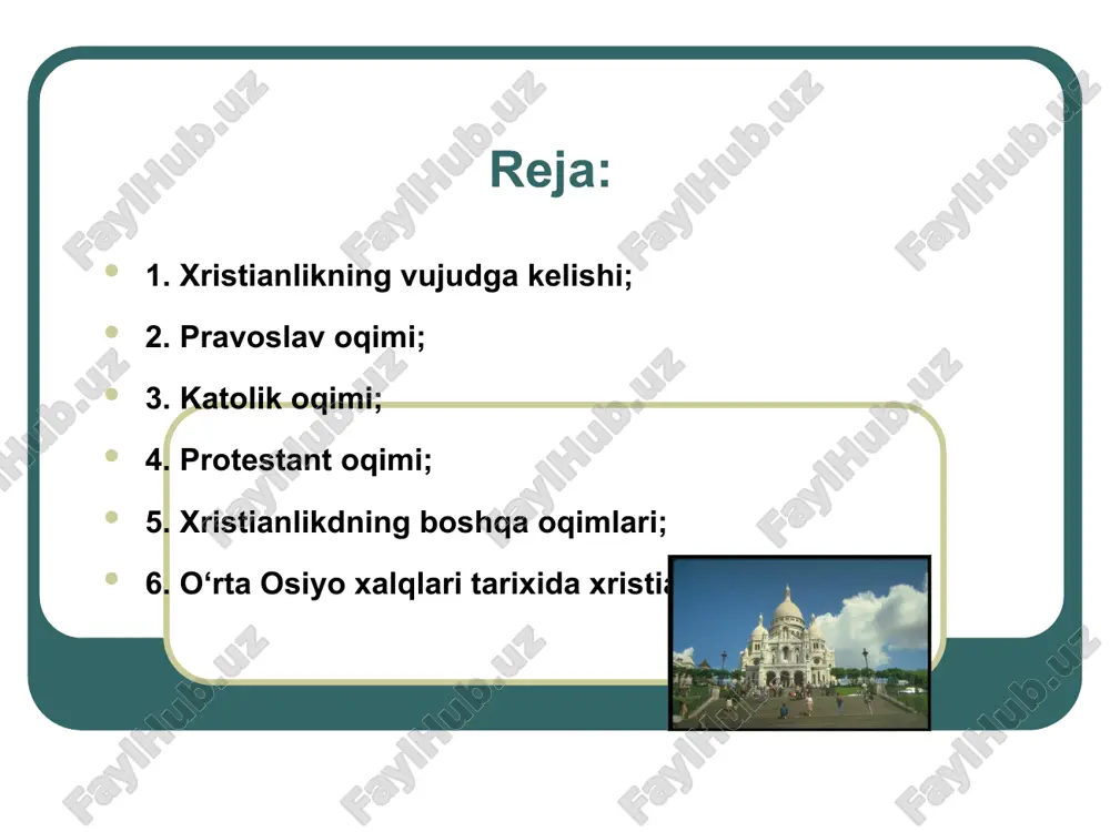 va xudo marhamatidir. protestant cherkovining kalvinistik yo‘nalishdagi davomchilari (kalvinistlar yoki reformatorlar) shotlandiya, gollandiya, shimoliy germaniya, fransiya, angliyada keng obro‘ga va ta’sirga ega edilar. kalvinizm. diniy islohotning boshqa bir yirik arbobi jan kalvin (1509-1564) edi. uning 1536 yilda nashr etilgan «xristian dinidagi ko‘rsatmalar» degan bosh asari, protestantizm ta’limot sifatida shakllanganidan keyin yangi bir diniy yo‘nalish - kalvinizmning asosi bo‘lib qoldi. katolik oqimi. xristianlikning yirik yo‘nalishlaridan biri katoliklardir. u evropa, osiyo, afrika va lotin amerikasi mamlakatlarida tarqalgan bo‘lib, muxlislari taxminan 800 mln. kishini tashkil etadi. katolisizm umumiy, dunyoviy degan ma’nolarni ifodalaydi. uning manbai - uncha katta bo‘lmagan rim xristian jamoasi bo‘lib, rivoyatilarga ko‘ra uning birinchi episkopi apostol petr bo‘lgan. protestantizm protestanizm tarixi martin lyuterdan (1483-1546) boshlanadi. u birinchi bo‘lib katolik cherkovi bilan aloqani uzdi va protestant cherkovining asosiy qoidalarini ishlab chiqdi va uni himoya qildi. bu nizomga ko‘ra, insonning xudo bilan bevosita muloqoti mumkin. lyuterning diniy va dunyoviy hokimiyatga qarshi chiqishlari, katolik …