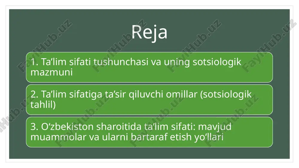 o‘plab oliy o‘quv yurtlarida o‘quv dasturlari zamon talablariga javob bermaydi, ayrim fanlar bo‘yicha darsliklar yangilanmagan, interaktiv o‘qitish metodlari yetarli darajada tatbiq etilmaydi. bu esa talabalar bilim darajasining pastligiga olib keladi. 2. o‘qituvchilar malakasining yetarli emasligi o‘qituvchilarning ilmiy darajasi, metodik tayyorgarligi ta’lim sifatiga bevosita ta’sir qiladi. afsuski, ayrim ta’lim muassasalarida o‘qituvchilar muntazam malaka oshirish kurslarida qatnashmaydi, ilmiy izlanish olib borish darajasi past. sotsiologik yondashuvlar va o‘rganish metodlari sotsiologiya fani ta’lim sifatiga oid muammolarni o‘rganishda bir qancha metodlardan foydalanadi. asosiy yondashuvlar quyidagilardan iborat: 1. empirik tadqiqotlar so‘rovnomalar, intervyular, kuzatishlar orqali o‘quvchilar, o‘qituvchilar, ota-onalar va ish beruvchilarning ta’lim sifati haqidagi fikrlari o‘rganiladi. bu orqali mavjud muammolar yuzaga chiqariladi. 2. statistik tahlil o‘quvchilarning o‘zlashtirish darajasi, bitiruvchilarning ish bilan ta’minlanish ko‘rsatkichlari, o‘qituvchilarning malaka darajasi kabi statistik ma’lumotlar asosida holat baholanadi. 3. sotsiologik kontseptsiya va nazariyalar ta’lim tizimi sotsiologik tizimning tarkibiy qismi sifatida strukturaviy-funksionalizm, konflikt nazariyalari, simvolik interaksionizm asosida tahlil qilinadi. sotsiologik tadqiqotlar natijalari o‘zbekiston respublikasida …